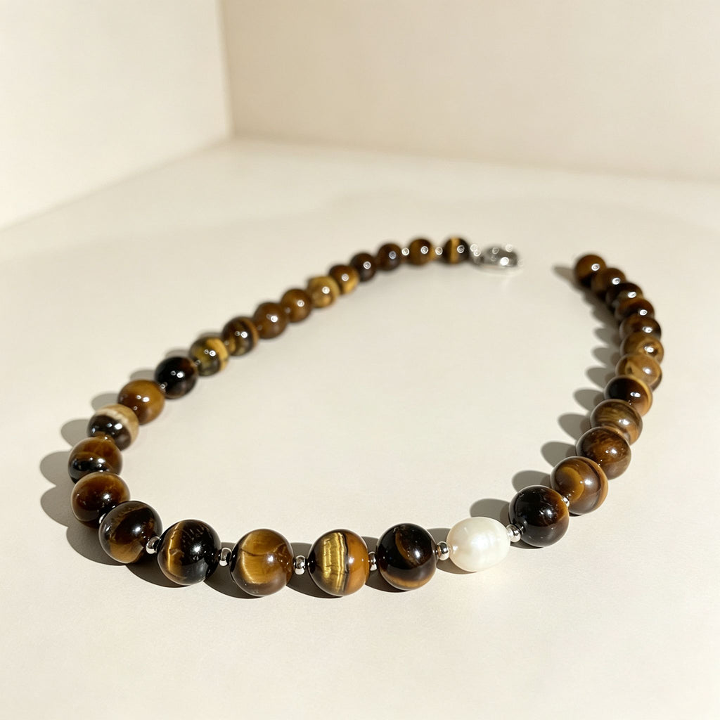 Handmade Tiger Eye Baroque Pearl Statement Necklace | Natural Stone Jewelry