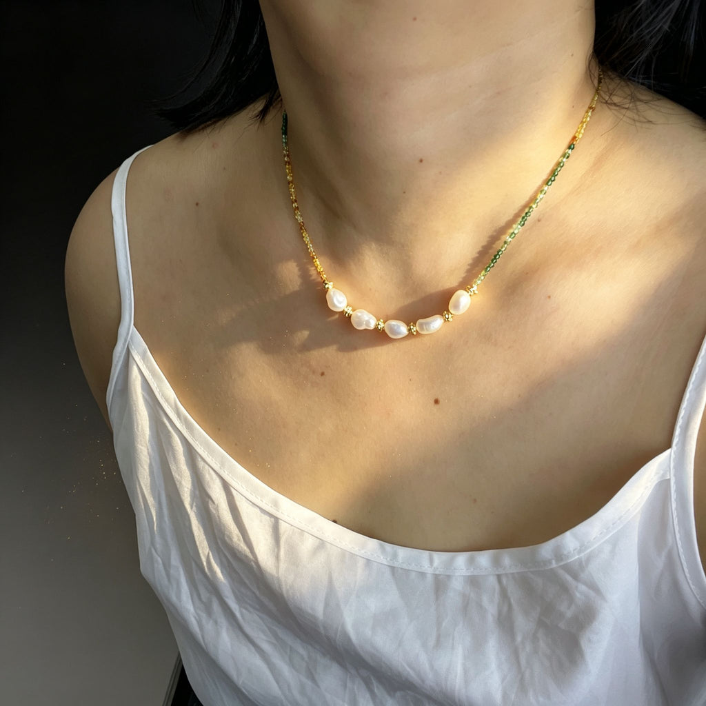 Handmade Green Orange Gradient Crystal Bead Necklace | Baroque Freshwater Pearl Gold Flower Spacer Luxe