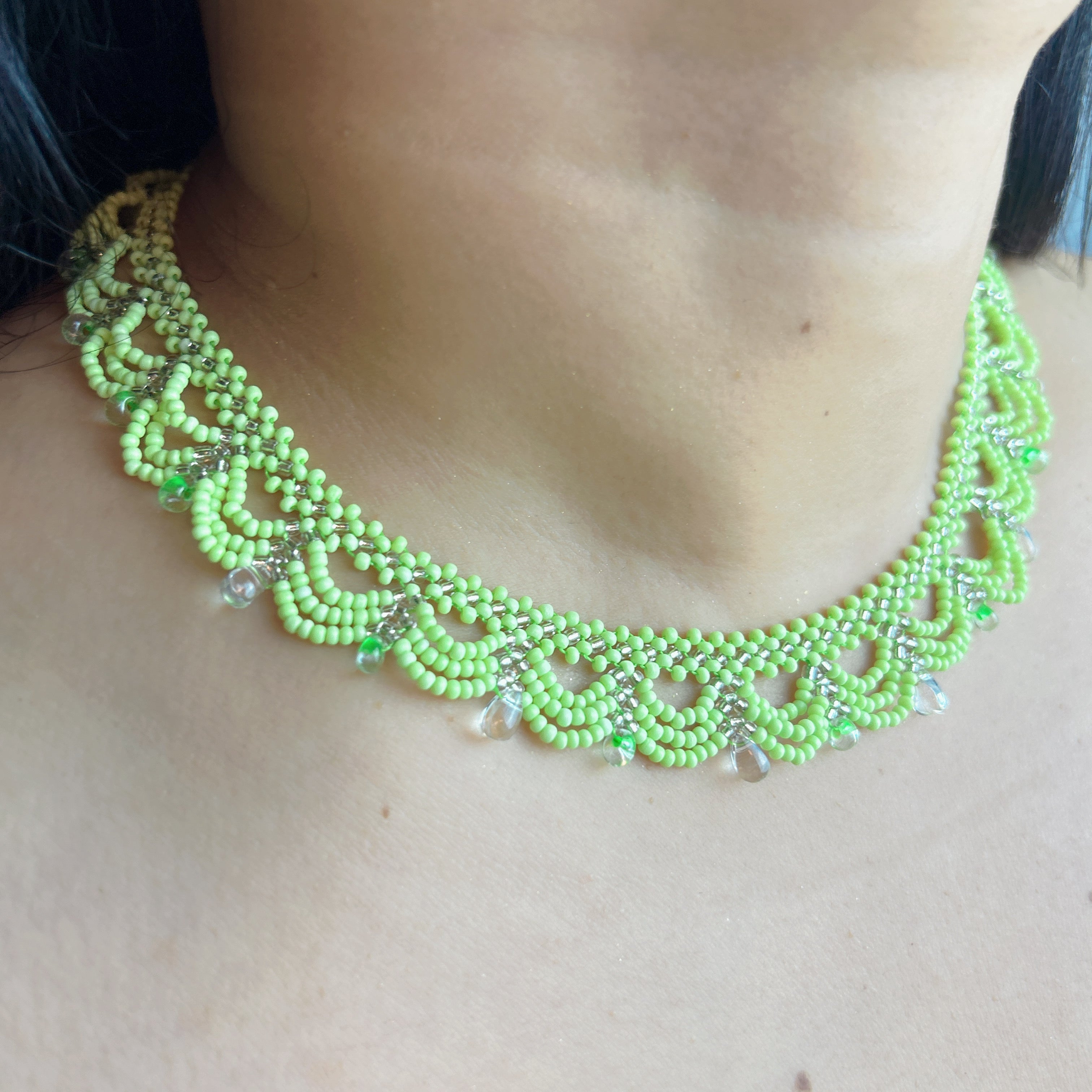 Handmade Apple Green & White Multi-Layer Scallop Wave Lace Beaded Choker Necklace | Bead Drop Fringe Spring Cottagecore Collar
