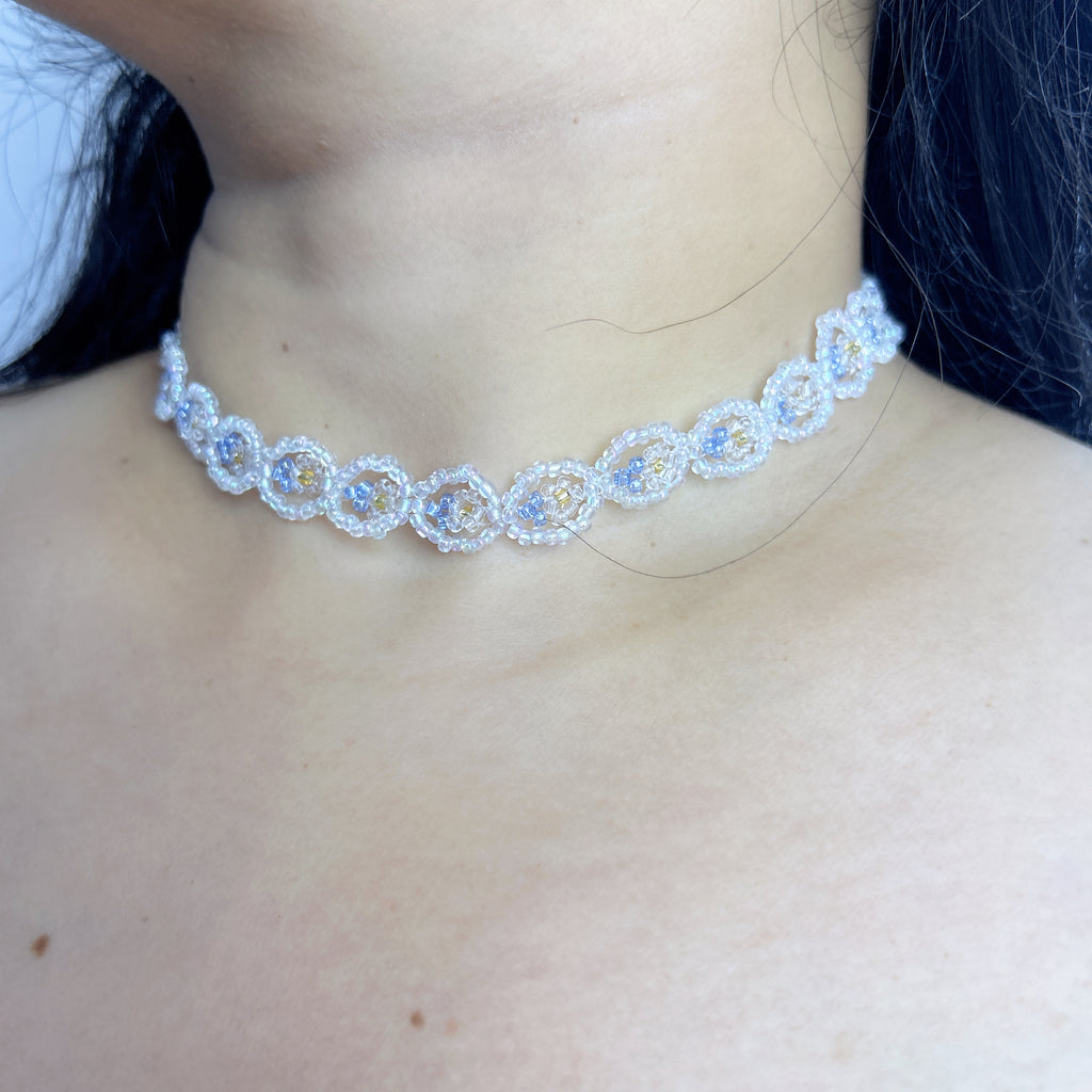 Handmade White Silver Floral Circle Beaded Choker Necklace | Lace Daisy Chain Bridal Collar