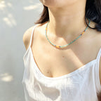Handmade Mint Green Seed Bead Choker Necklace | Orange Agate Navy Blue Gold Accent