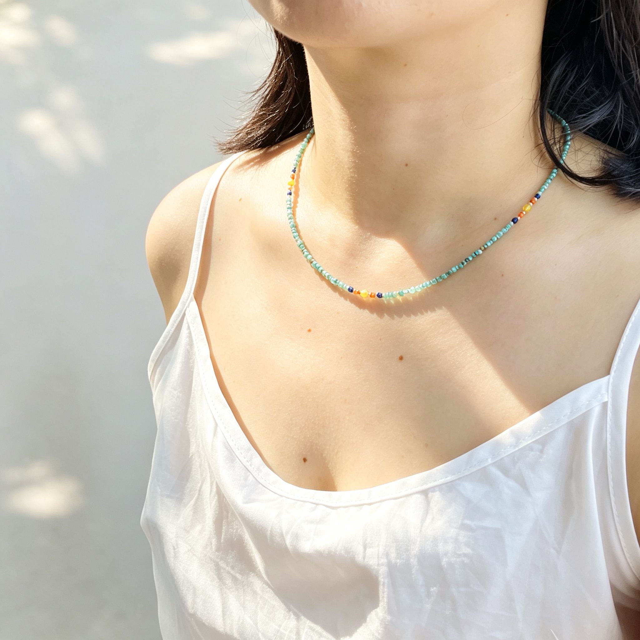 Handmade Mint Green Seed Bead Choker Necklace | Orange Agate Navy Blue Gold Accent