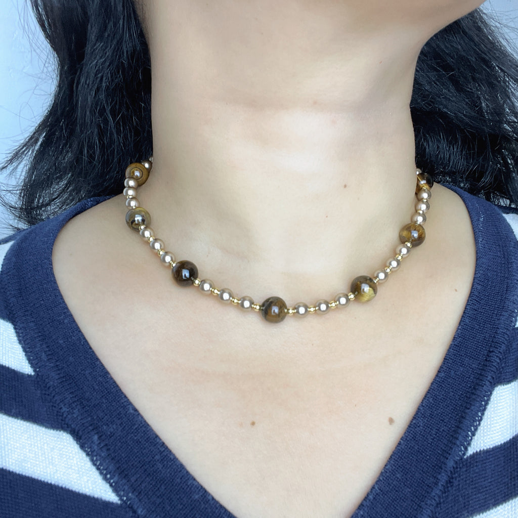 Handmade Tiger Eye & Gold Bead Choker Necklace | Natural Stone Alternating Design