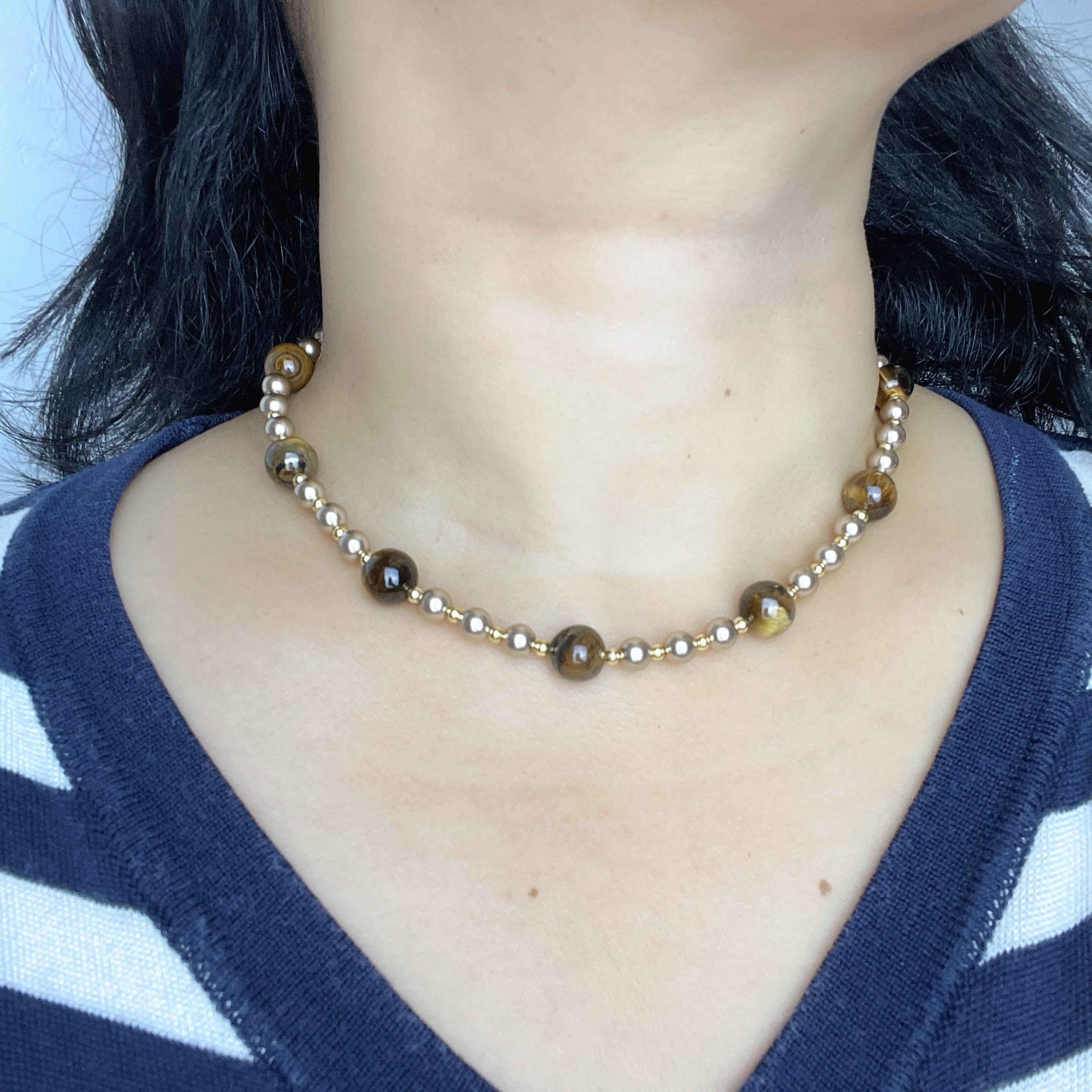 Handmade Tiger Eye & Gold Bead Choker Necklace | Natural Stone Alternating Design