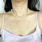 Handmade Clear Quartz Crystal Chip Stone Choker Necklace | Raw Natural Stone Light Blue Gold Accent
