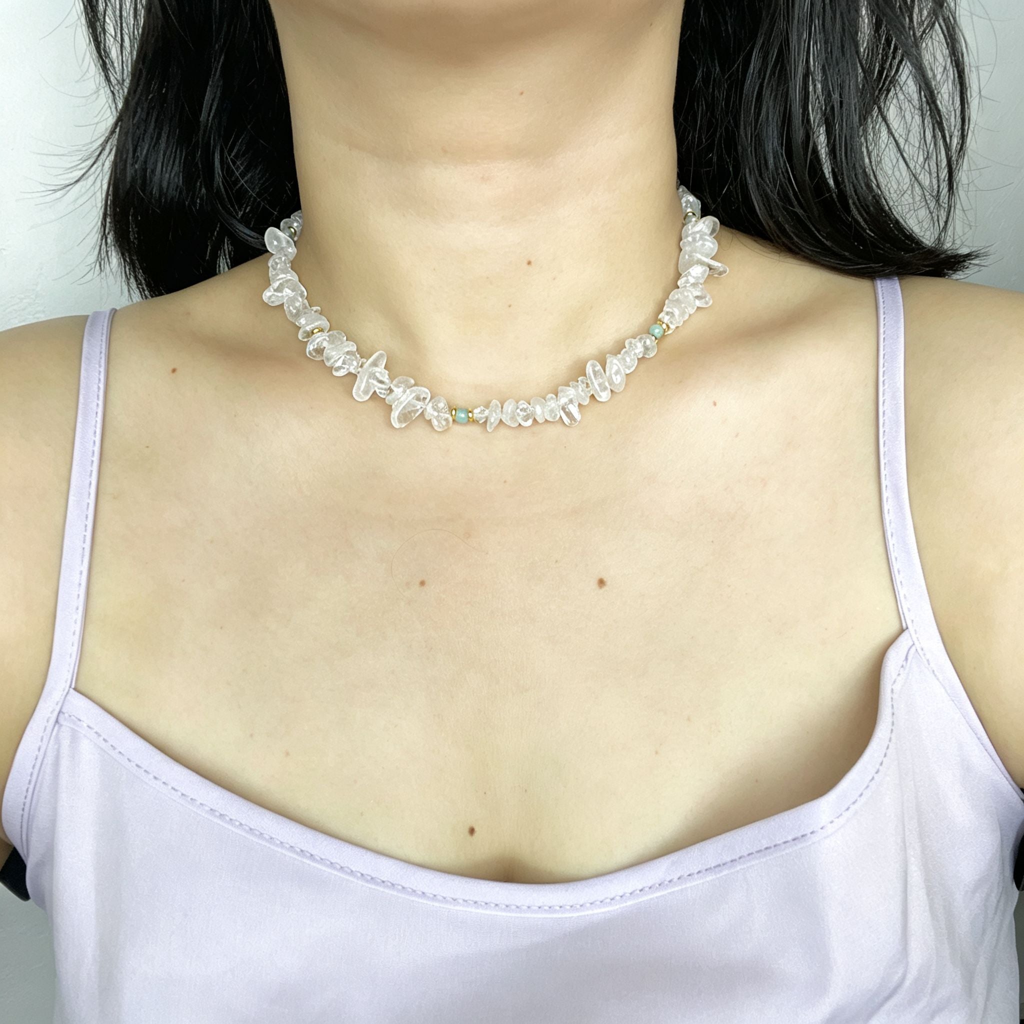 Handmade Clear Quartz Crystal Chip Stone Choker Necklace | Raw Natural Stone Light Blue Gold Accent