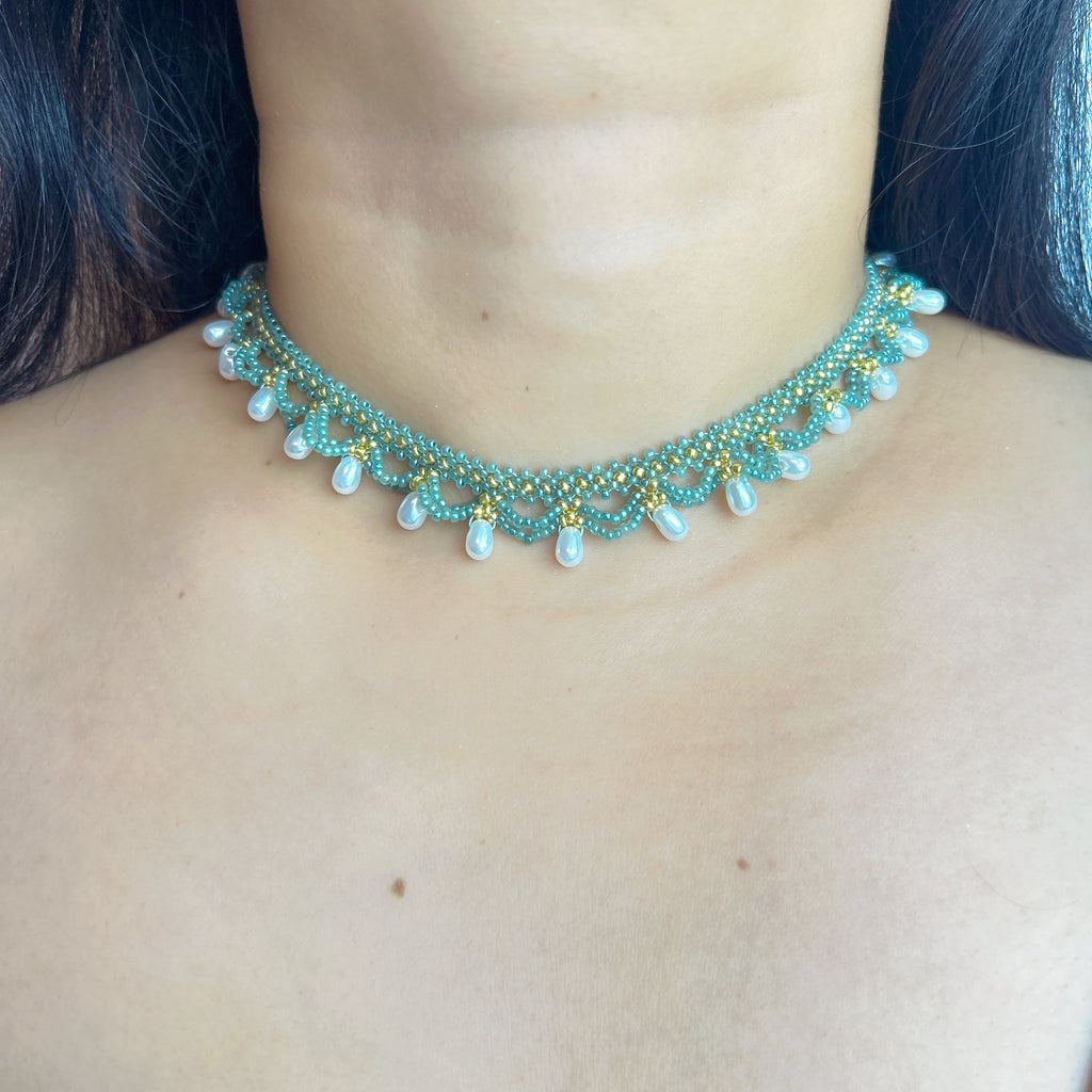 Handmade Teal & Yellow-Green Wave Lace Beaded Choker Necklace | Freshwater Pearl Drop Fringe Ocean Boho Collar