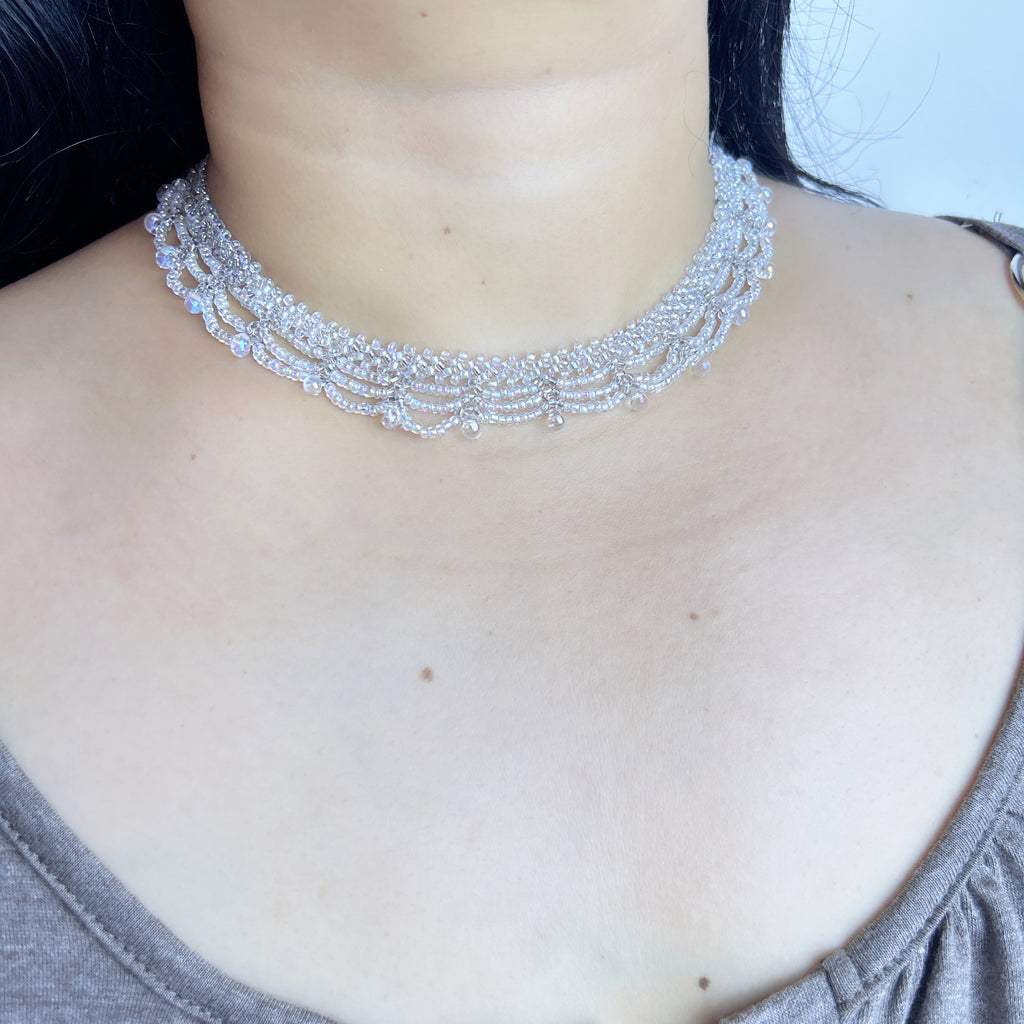 Handmade All White Multi-Layer Scallop Wave Lace Beaded Choker Necklace | Bridal Wedding Fairycore Collar