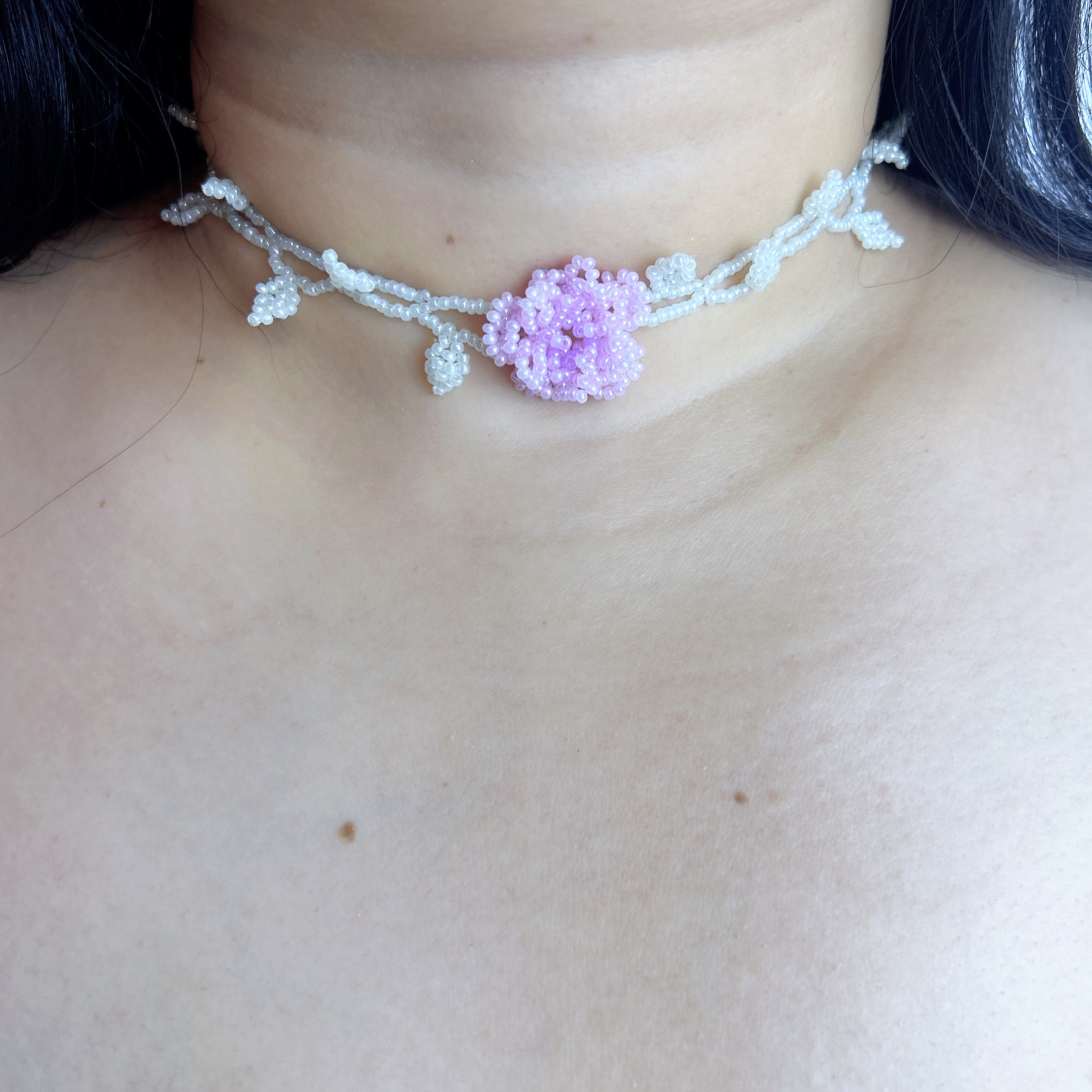 Handmade White Vine & Leaf Beaded Choker Necklace | 3D Pink Hydrangea Rose Center Fairycore Bridal Collar
