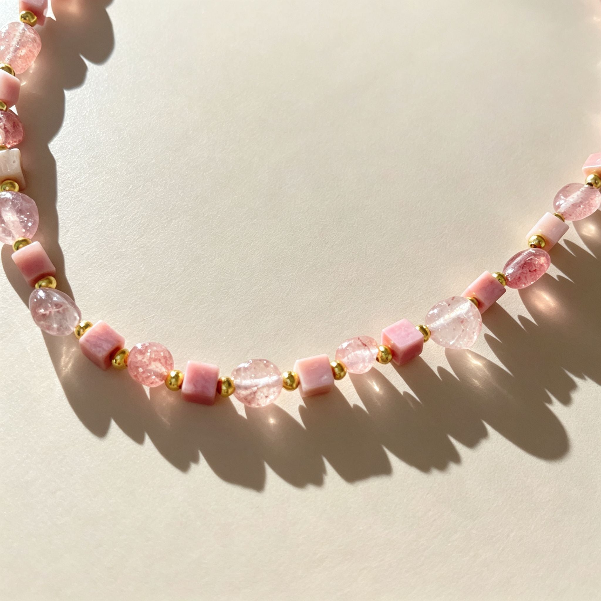 Handmade Strawberry Quartz Mixed Shape Bead Choker Necklace | Pink Natural Stone Gold Spacer