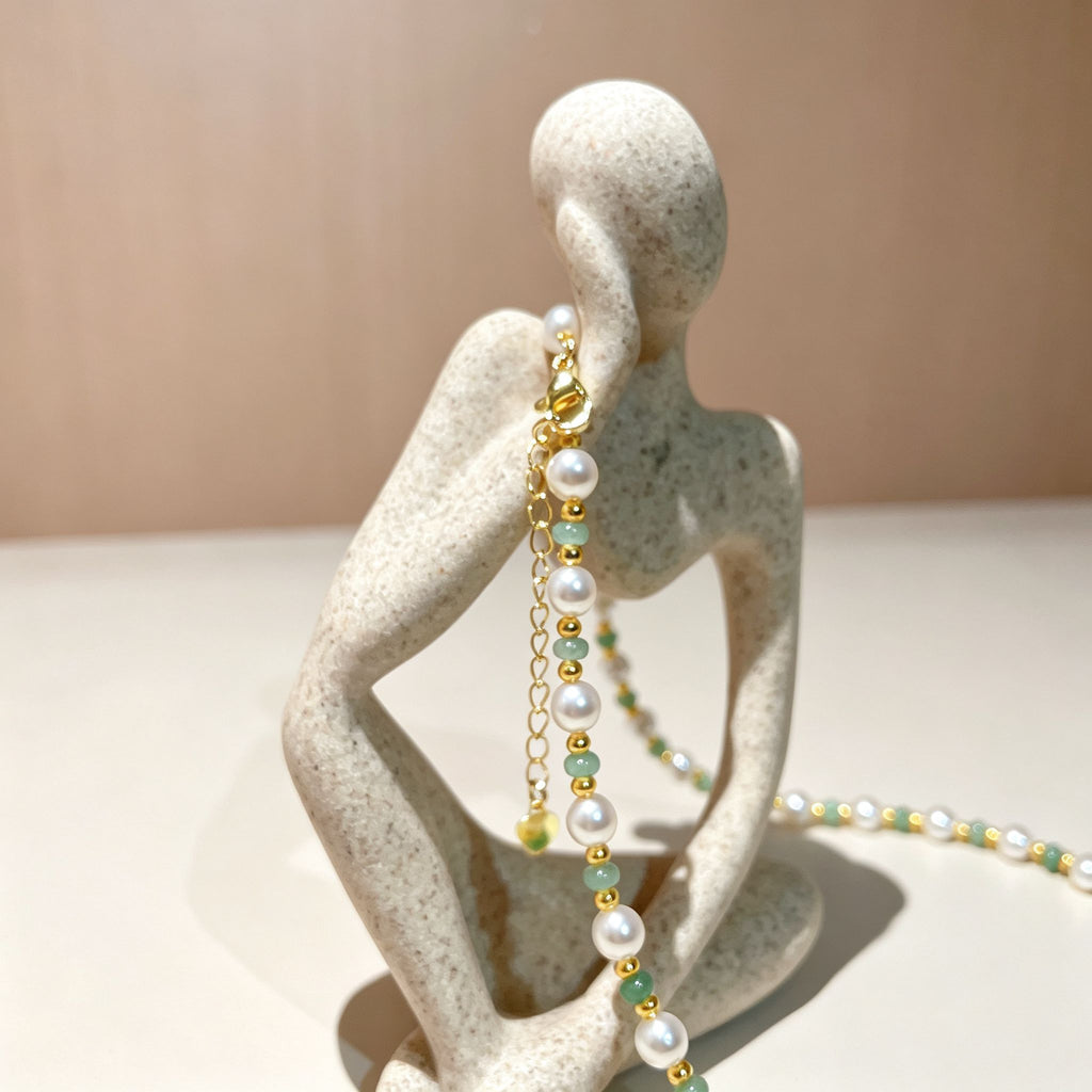 Handmade Pearl & Sage Green Seed Bead Choker Necklace | Gold Spacer Elegant Jewelry