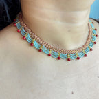 Handmade Rose Gold & Sky Blue Scallop Beaded Choker Necklace | Red Bead Drop Boho Wide Collar