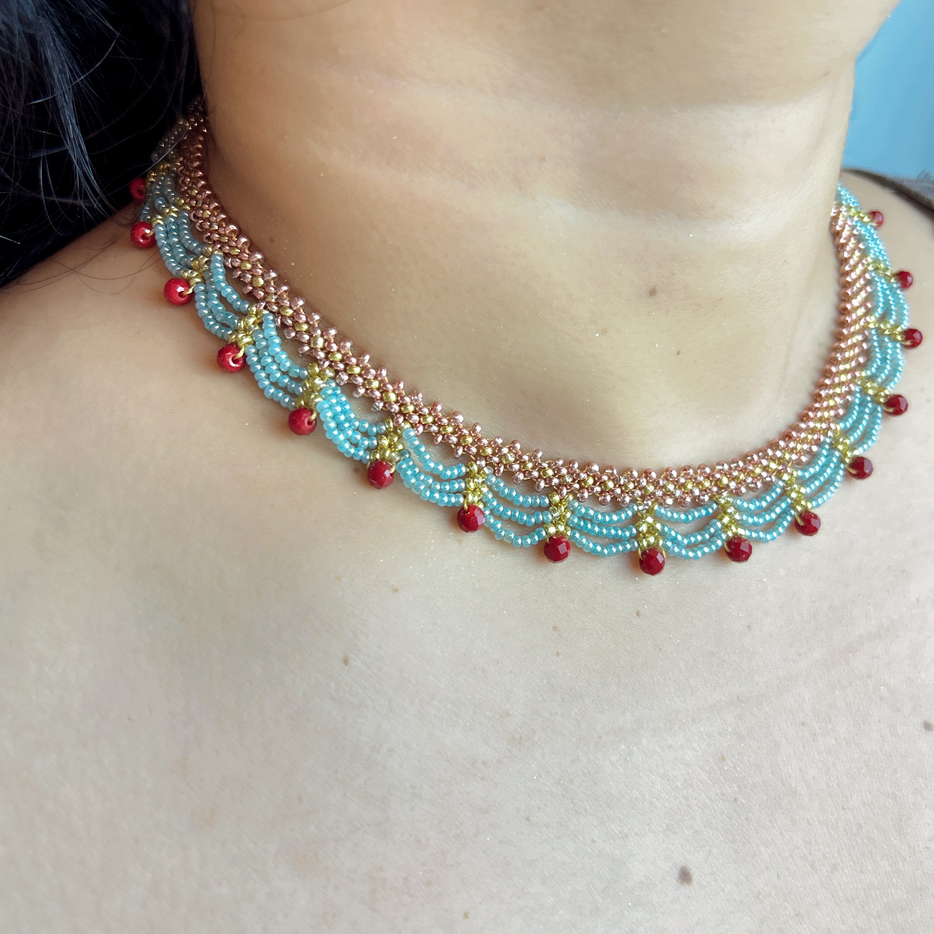 Handmade Rose Gold & Sky Blue Scallop Beaded Choker Necklace | Red Bead Drop Boho Wide Collar