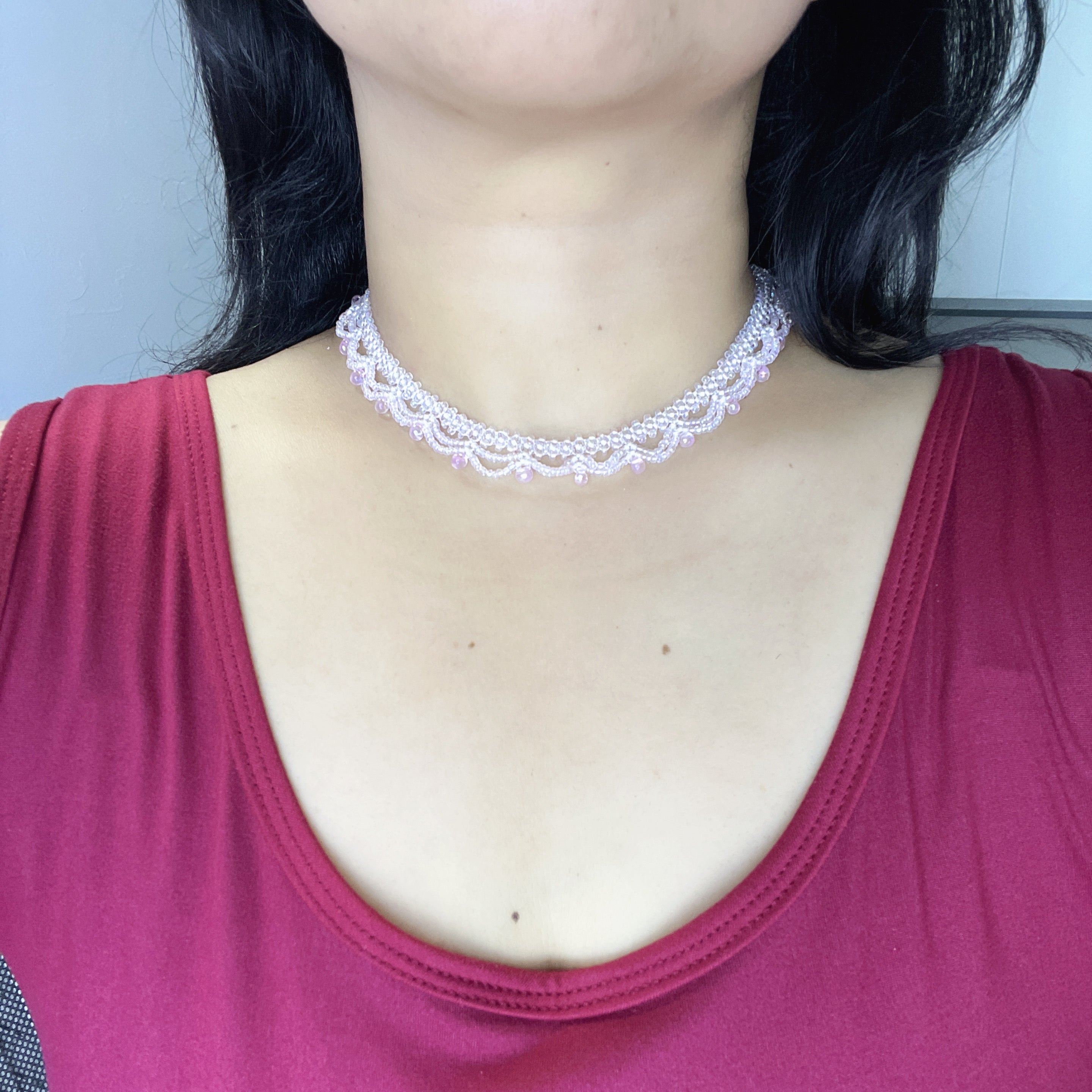 Handmade White & Blush Pink Lace Scallop Beaded Choker Necklace | Bridal Seed Bead Collar