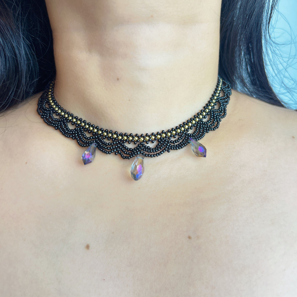 Handmade Black Multi-Layer Wave Lace Beaded Choker Necklace | AB Crystal Teardrop Drop Gothic Fairycore Collar