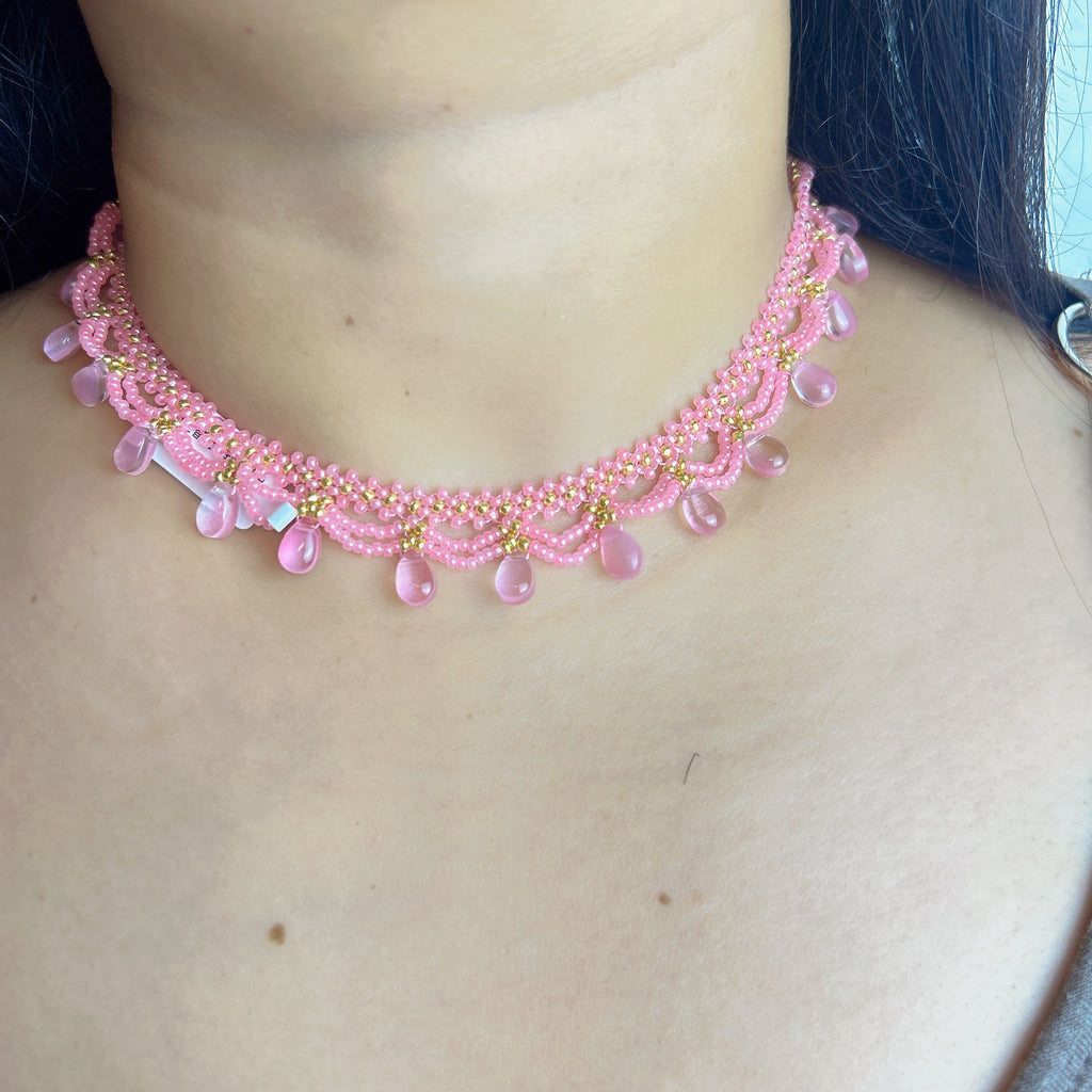 Handmade Pink & Gold Wave Lace Beaded Choker Necklace | Pink Crystal Teardrop Drop Fringe Y2K Princess Collar