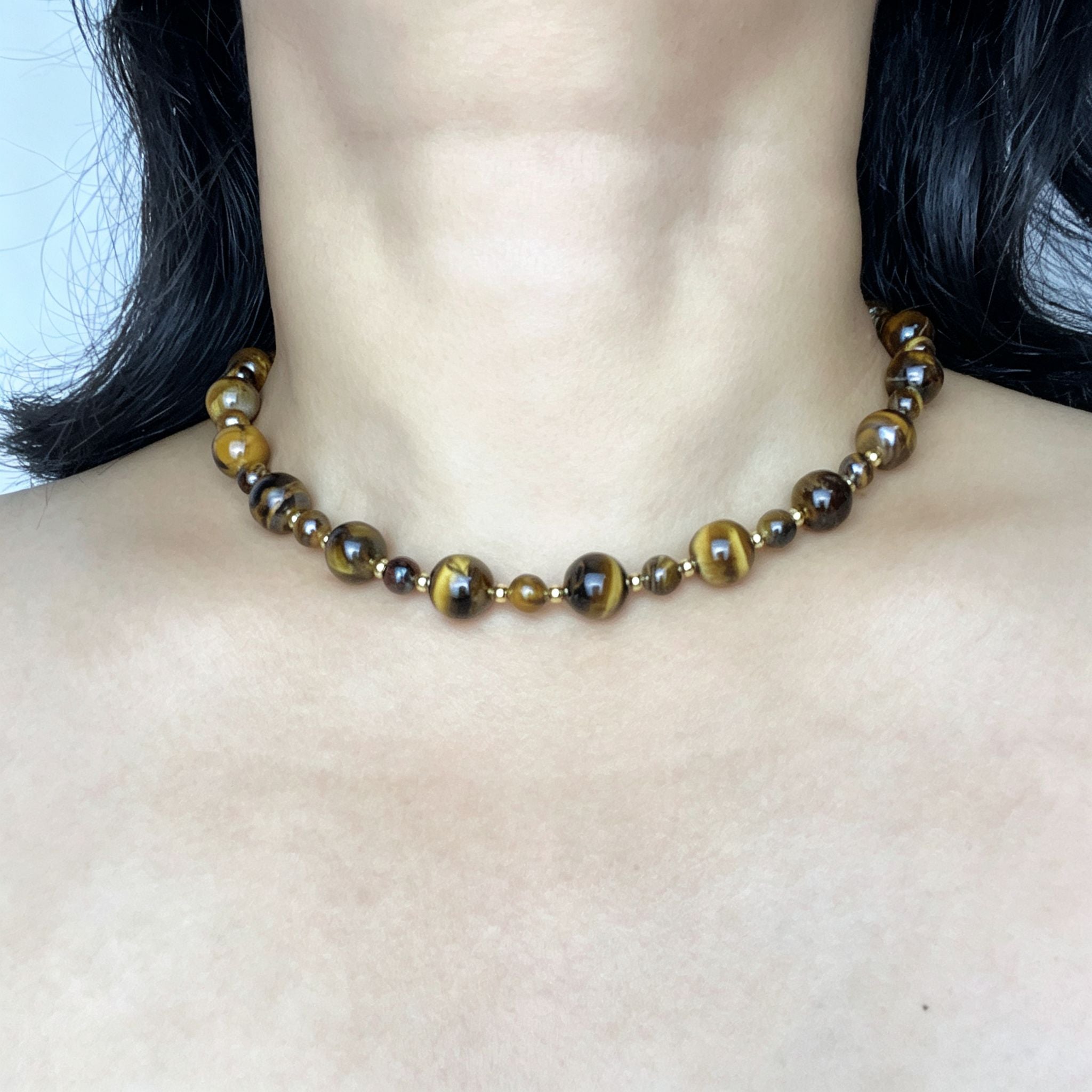 Handmade Graduated Tiger Eye Bead Choker Necklace | Natural Stone Gold Spacer