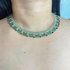 Handmade Silver & Emerald Green Scallop Beaded Choker Necklace | Red Crystal Accent Festive Statement Collar