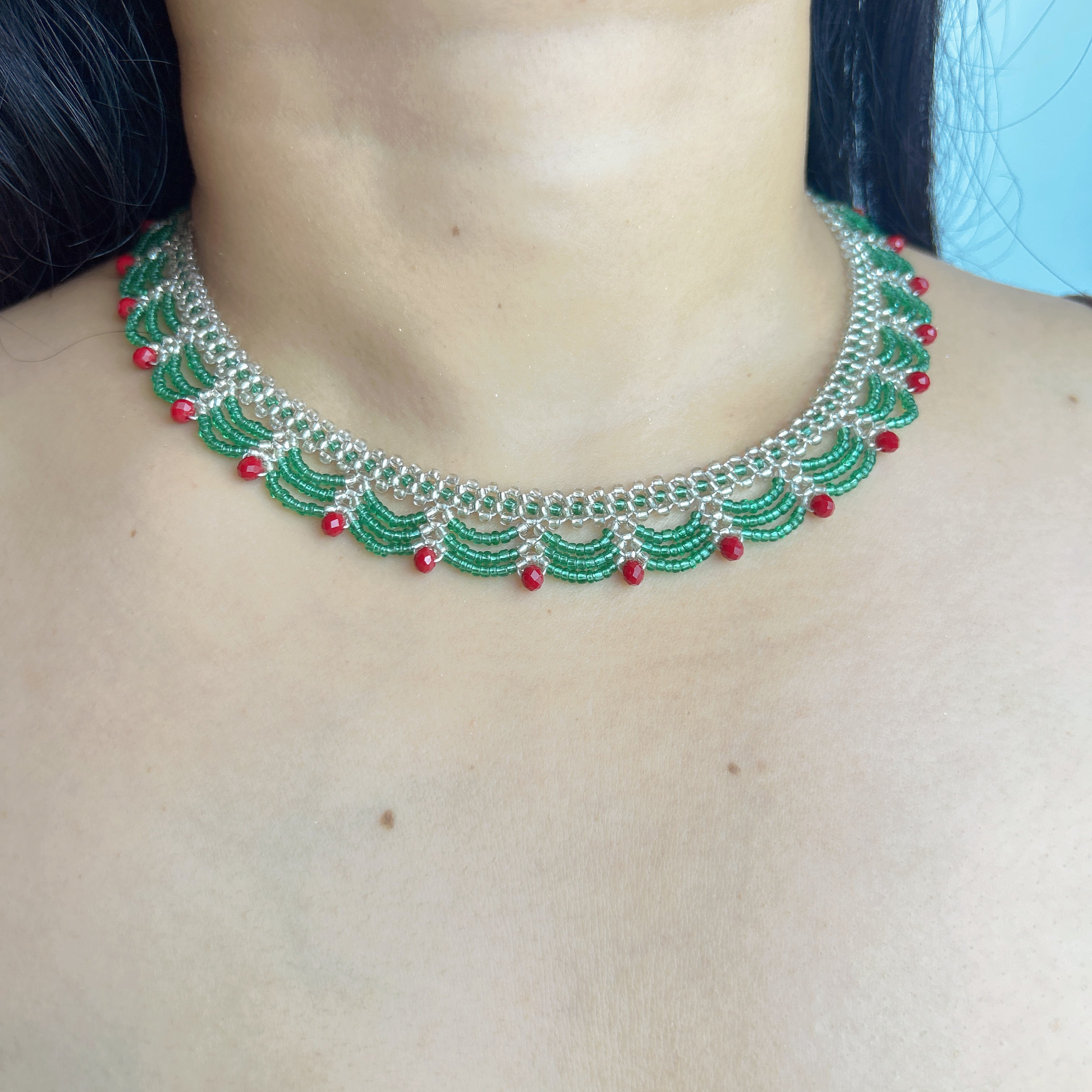 Handmade Silver & Emerald Green Scallop Beaded Choker Necklace | Red Crystal Accent Festive Statement Collar