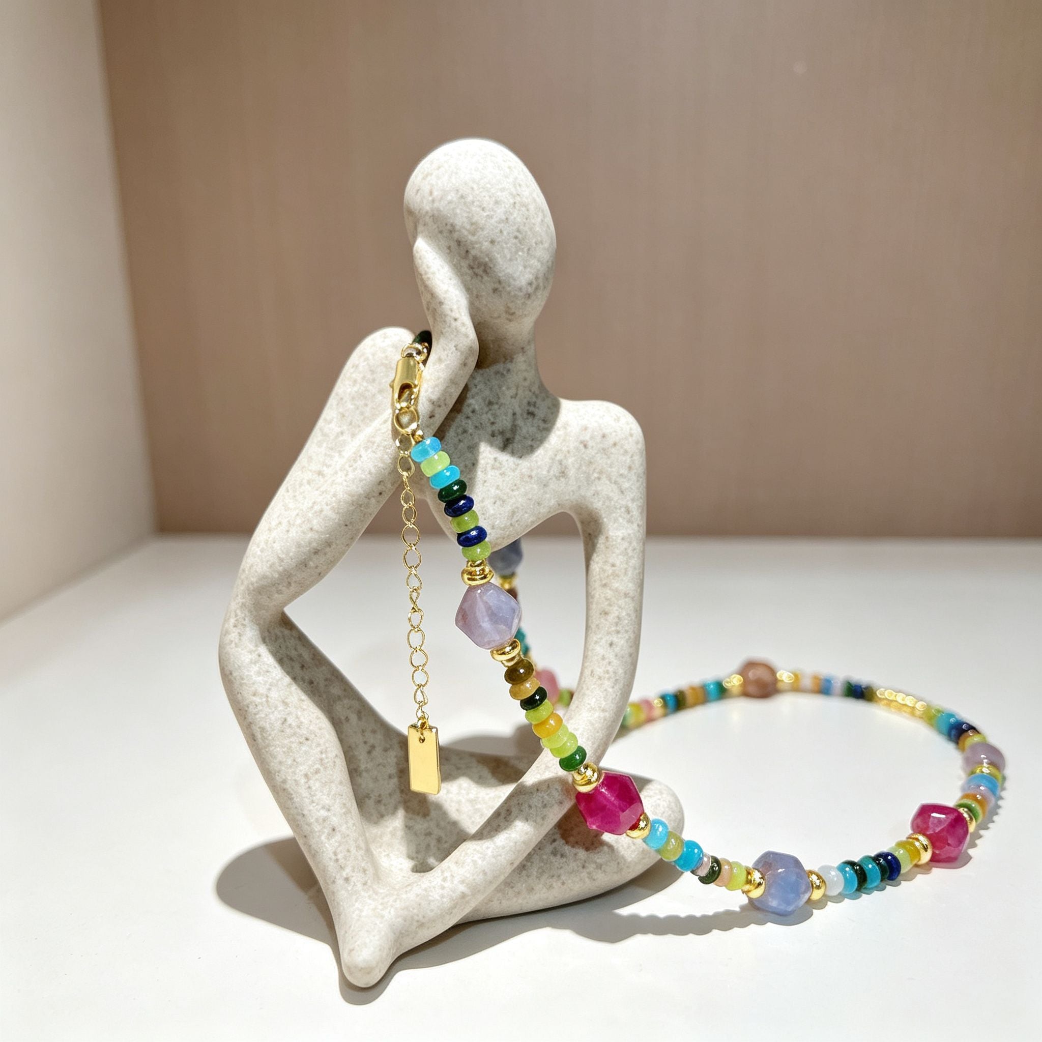 Handmade Multicolor Natural Stone Beaded Necklace | Agate Jasper Faceted Gem Gold Spacer Boho