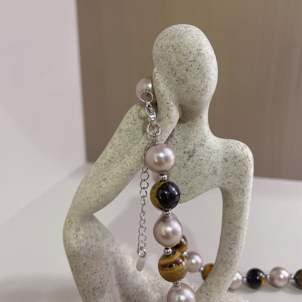 Handmade Tiger Eye & Pink Freshwater Pearl Choker Necklace | Natural Stone Gold Spacer