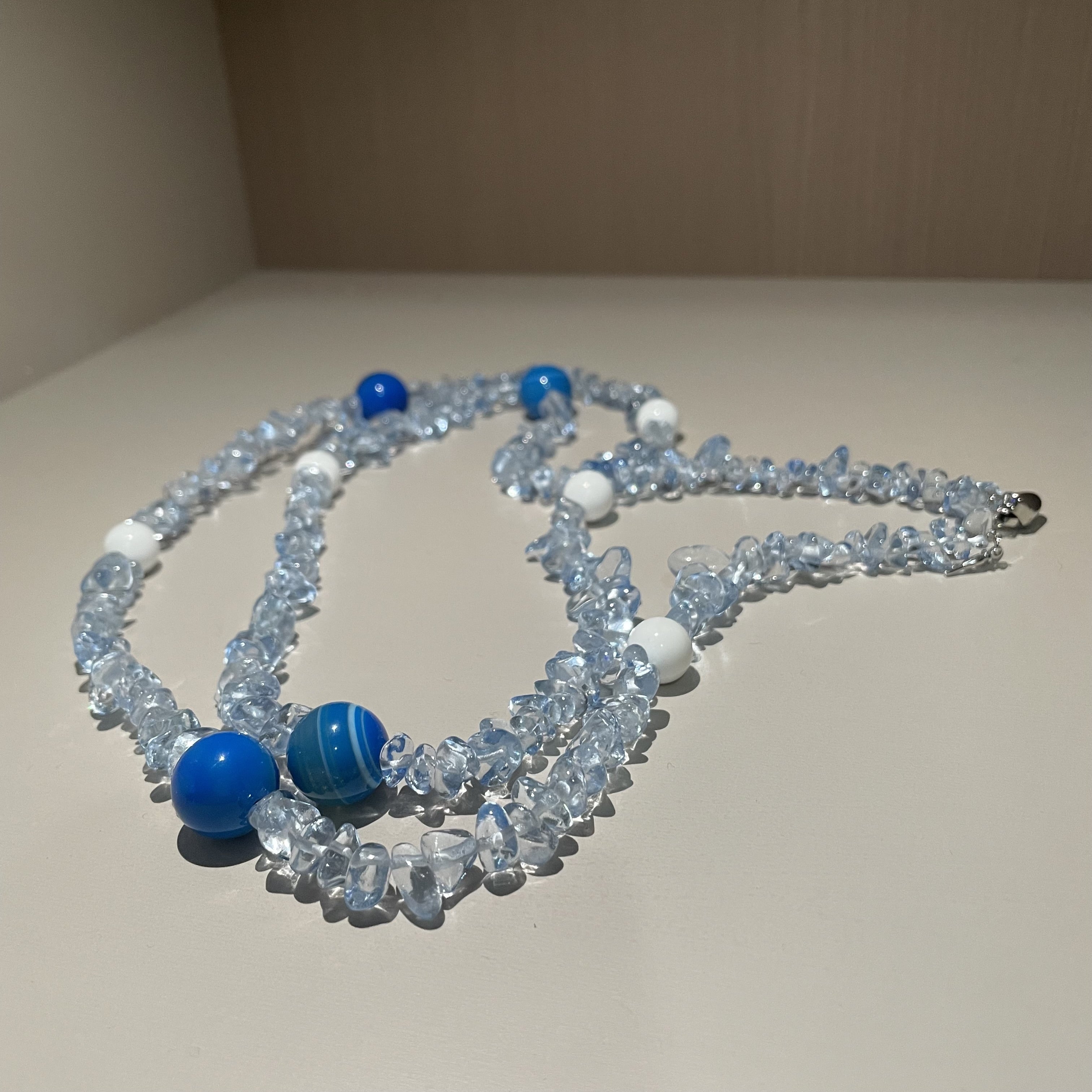 Handmade Crystal Chip & Blue Agate Bead Long Necklace | Wrap Choker Style