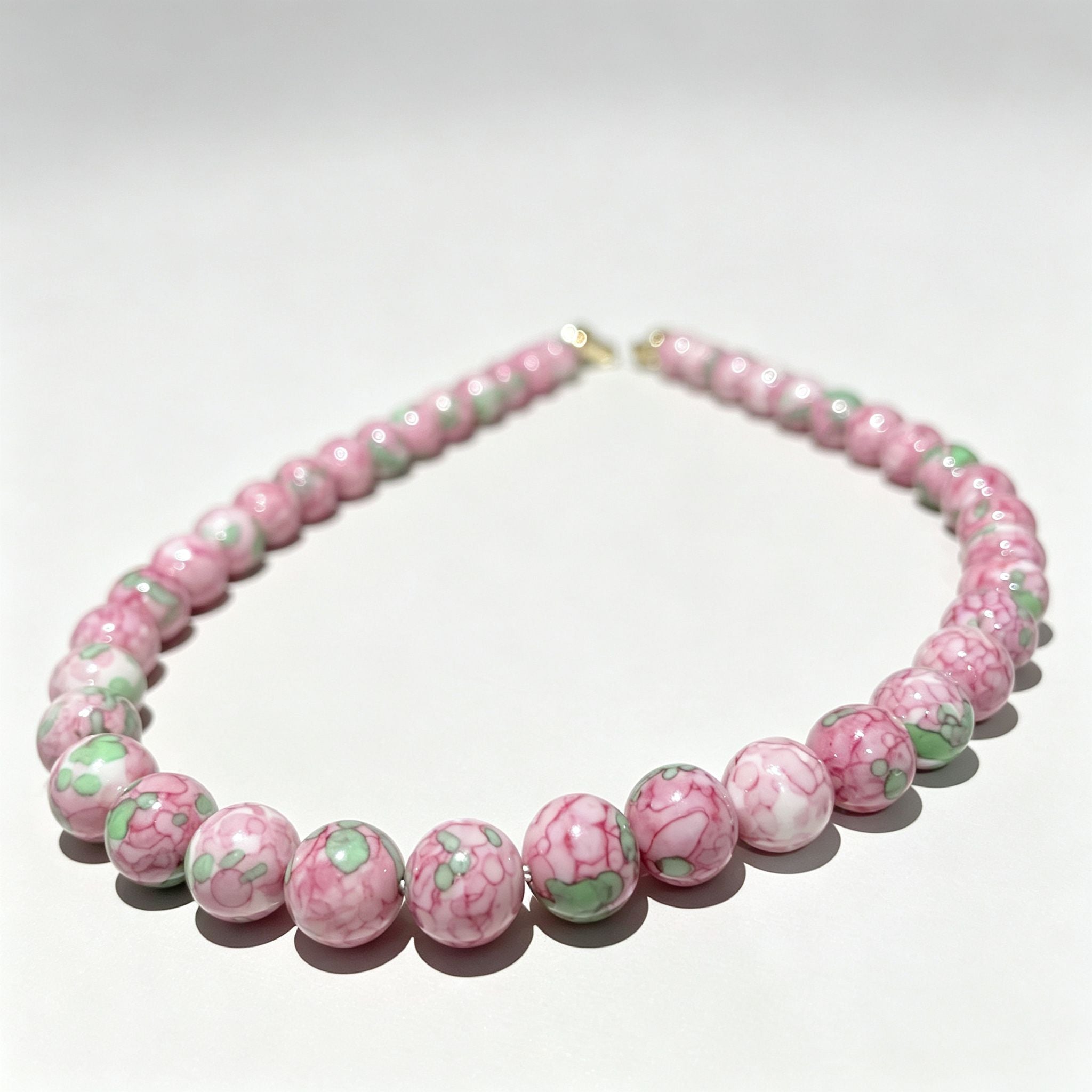 Handmade Pink Floral Ceramic Bead Choker Necklace | Cottagecore Enamel Jewelry