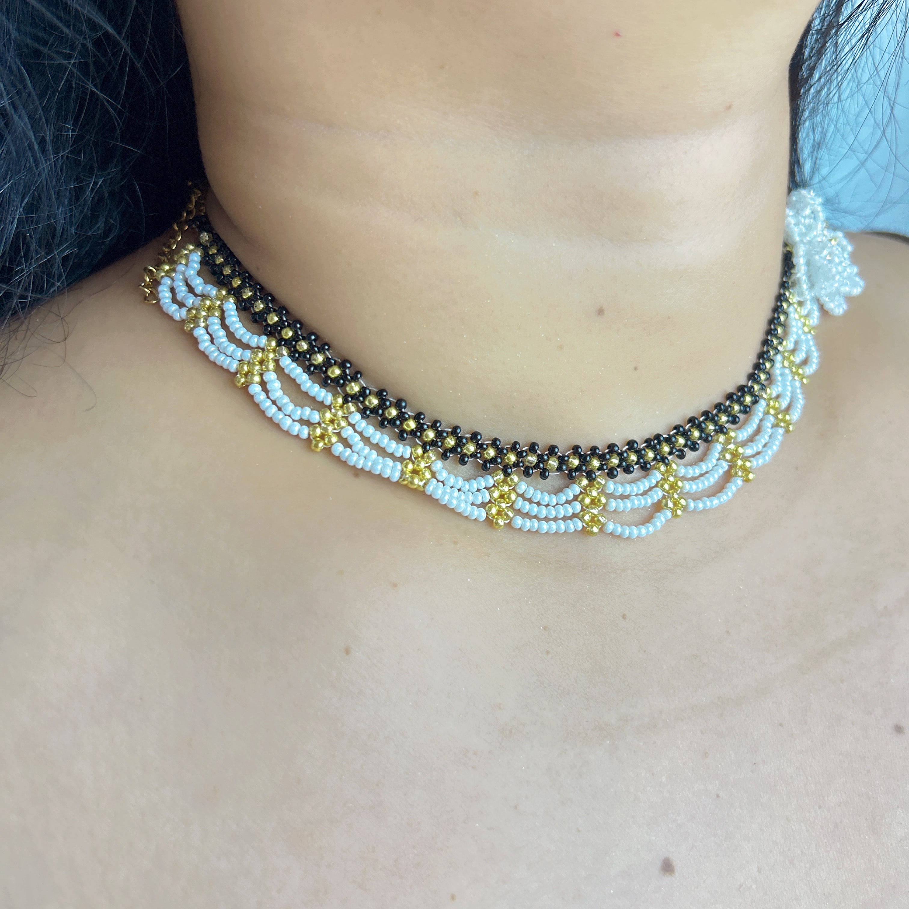 Handmade Black & White Wave Lace Beaded Choker Necklace | 3D White Rose Center Yellow-Green Stamen Cottagecore