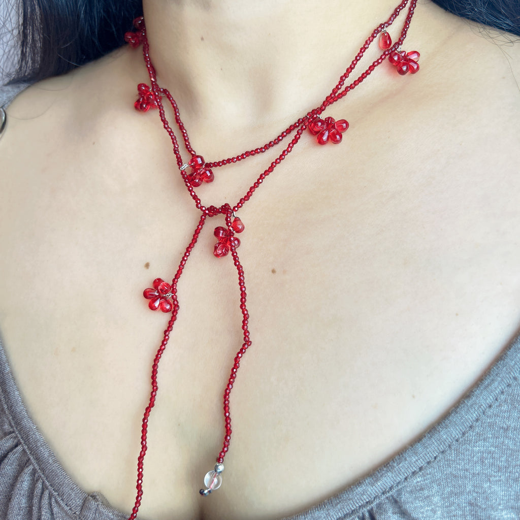 Handmade Deep Red Seed Bead Long Wrap Necklace | Scattered Flower Bead Crystal Drop Lariat Boho Statement