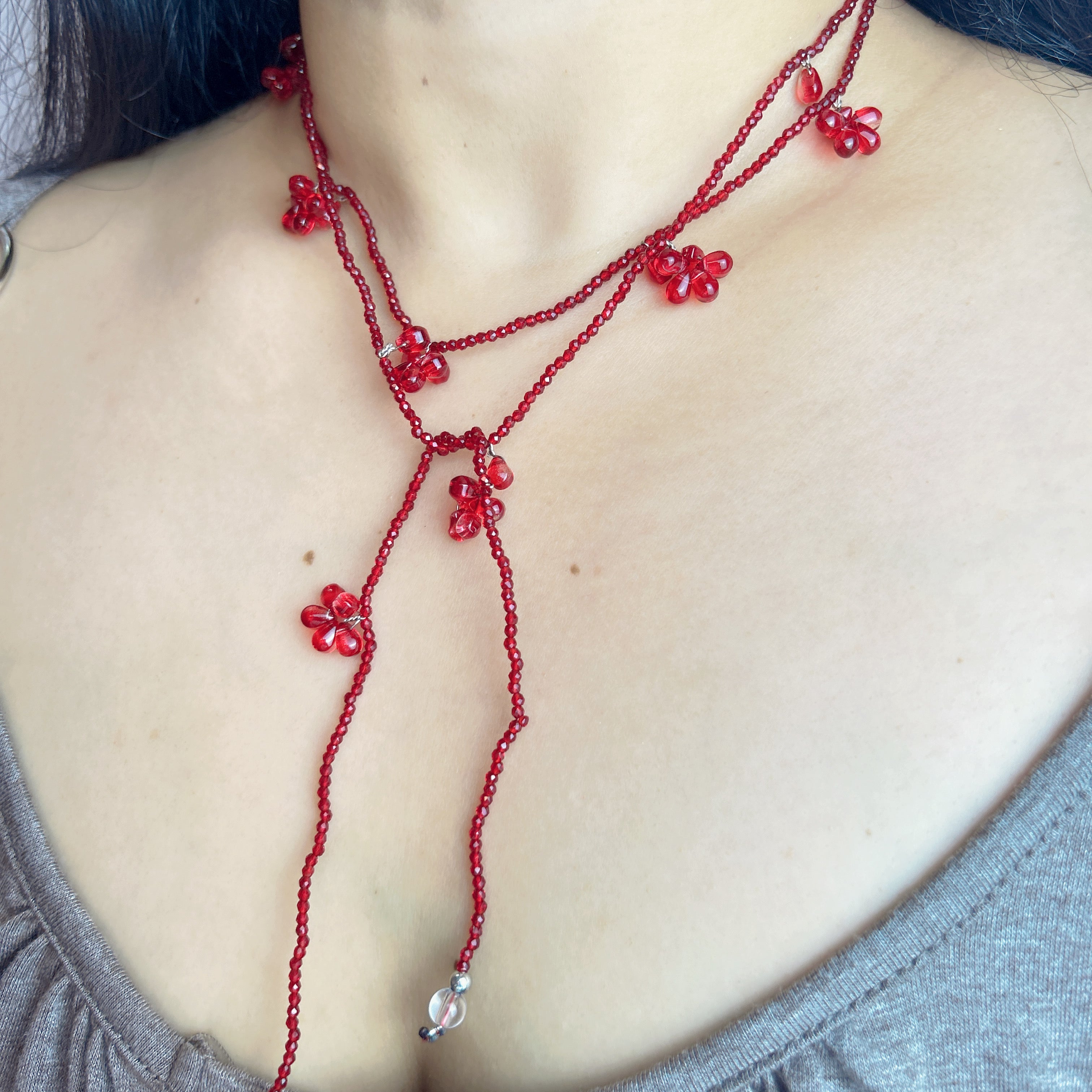 Handmade Deep Red Seed Bead Long Wrap Necklace | Scattered Flower Bead Crystal Drop Lariat Boho Statement