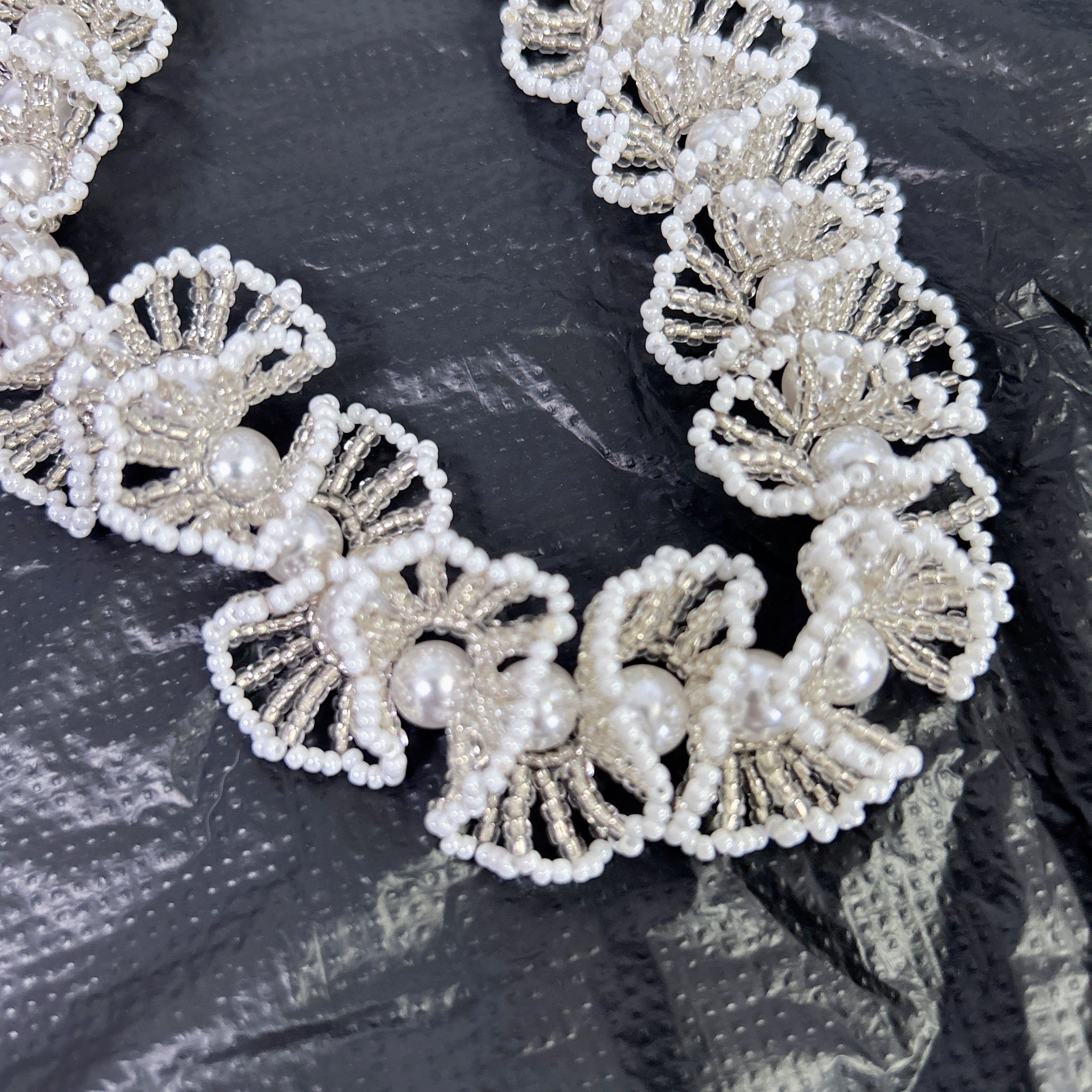 Handmade White & Silver 3D Flower Garland Choker Necklace | Pearl Center Bridal Wedding Statement Collar