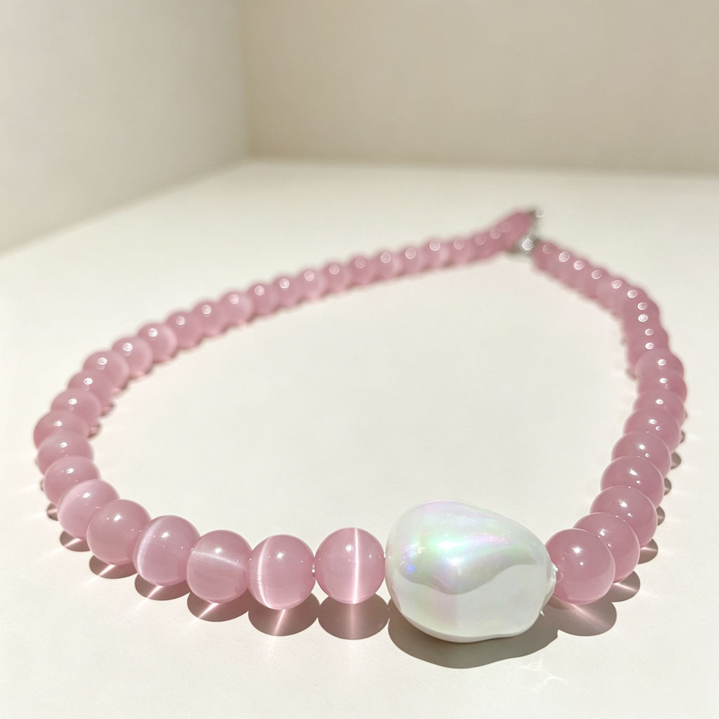 Handmade Pink Cat Eye Stone Bead Choker Necklace | Baroque Pearl Accent
