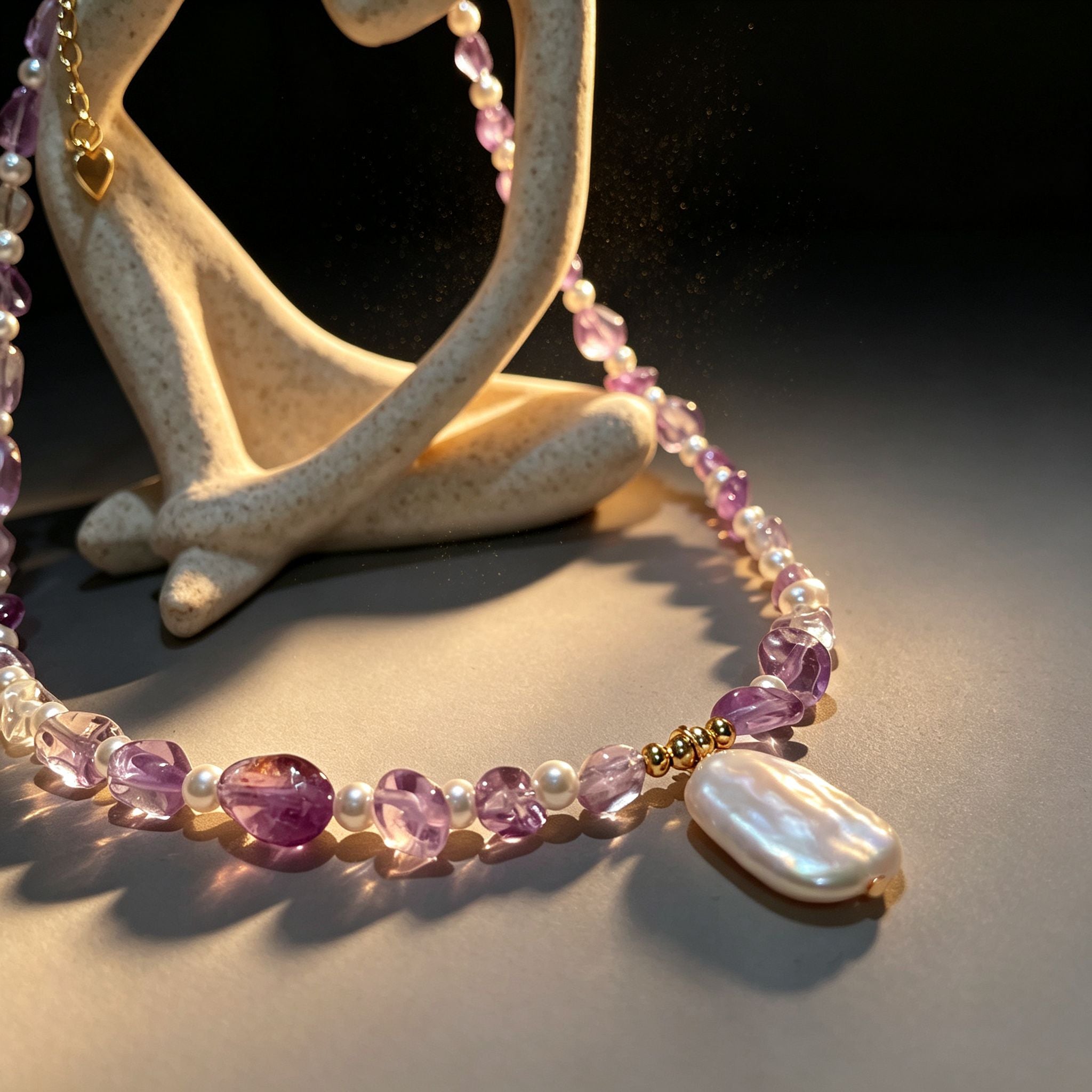 Handmade Amethyst & Citrine Crystal Baroque Pearl Beaded Necklace | Purple Yellow Natural Stone Luxe