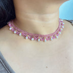 Handmade Rose Pink & Gold Wave Lace Beaded Choker Necklace | Freshwater Pearl Drop Fringe Romantic Collar