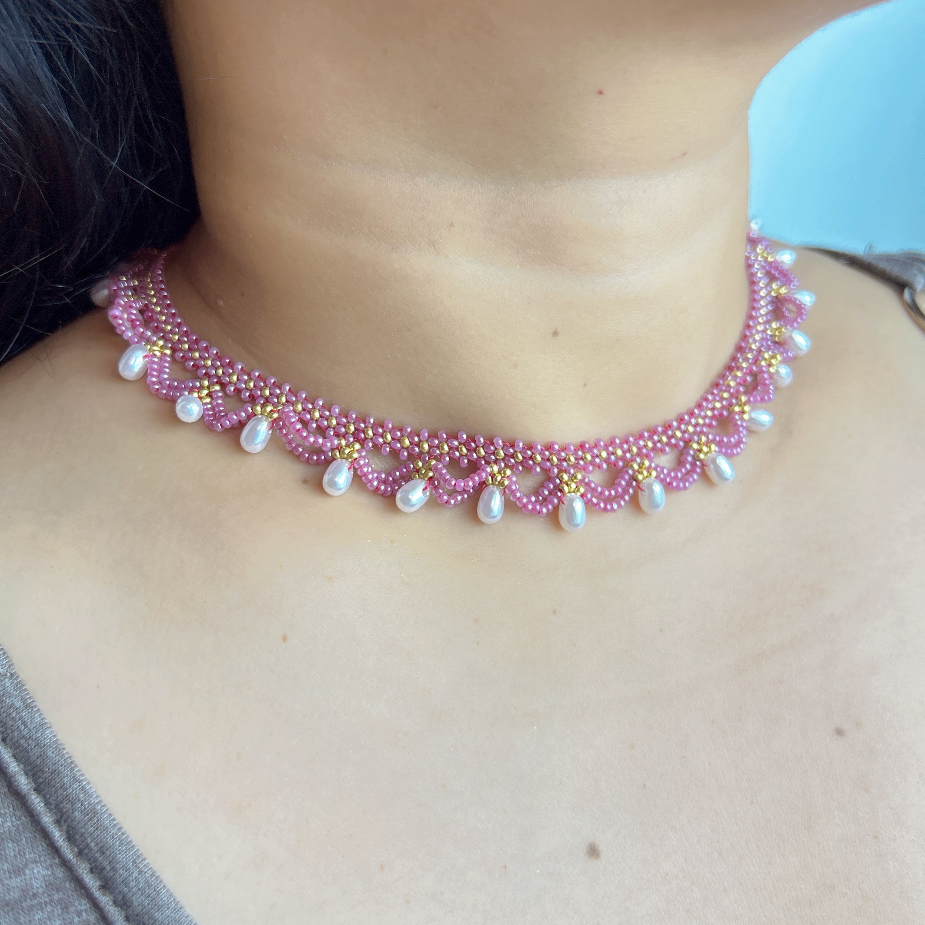 Handmade Rose Pink & Gold Wave Lace Beaded Choker Necklace | Freshwater Pearl Drop Fringe Romantic Collar
