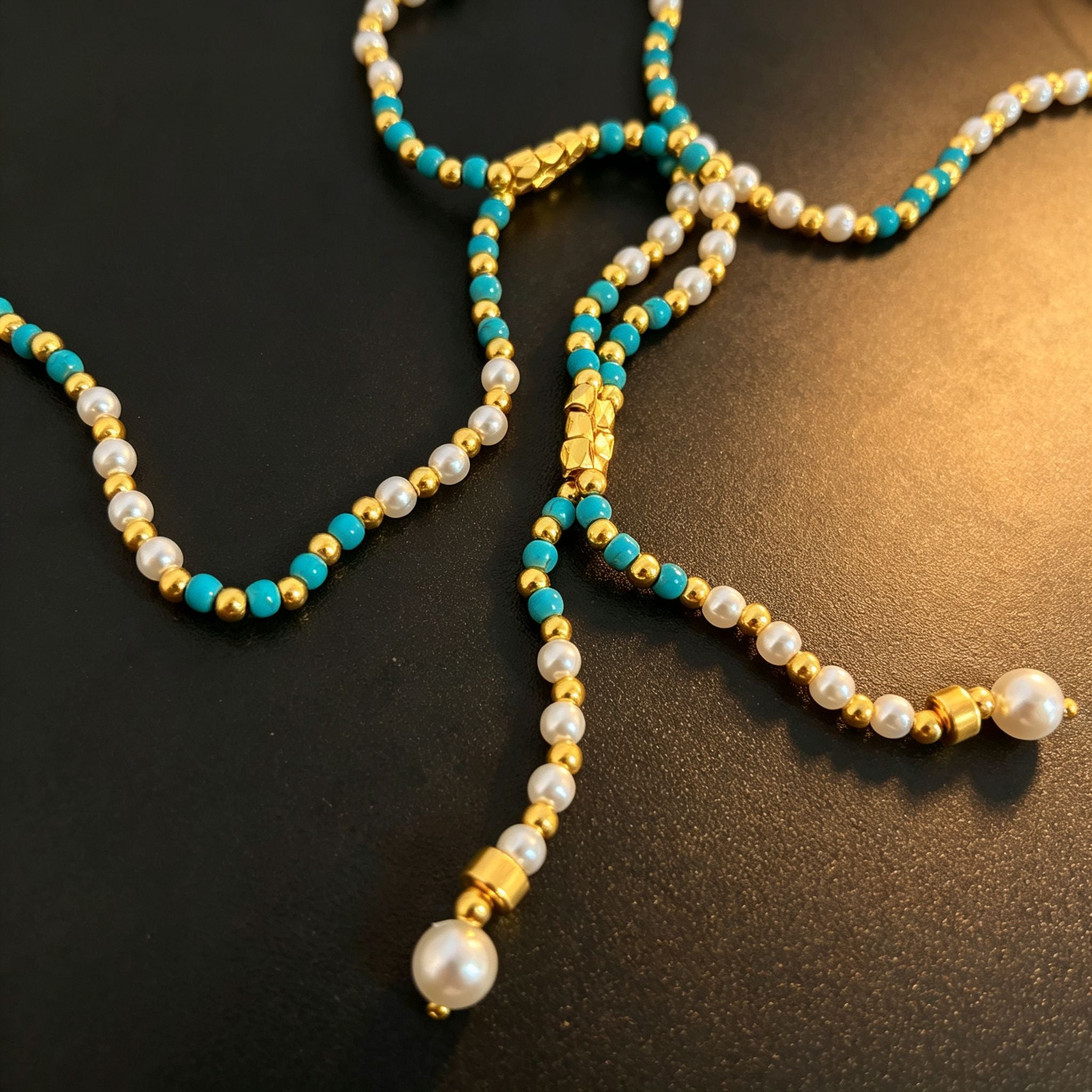 Handmade Turquoise Pearl & Gold Beaded Y-Lariat Necklace | Adjustable Slider Boho Summer Jewelry