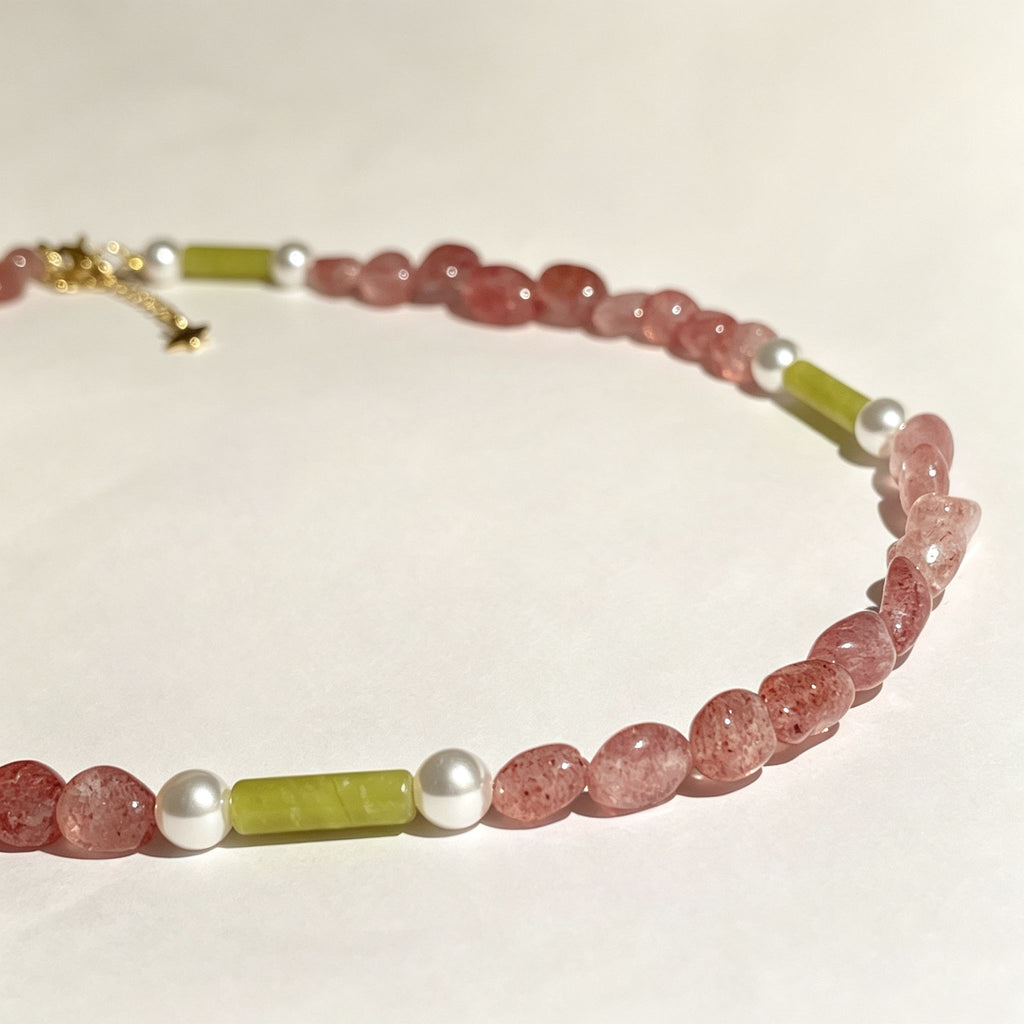 Handmade Strawberry Quartz & Green Jade Tube Pearl Necklace | Gold Lobster Clasp Heart Charm
