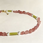 Handmade Strawberry Quartz & Green Jade Tube Pearl Necklace | Gold Lobster Clasp Heart Charm