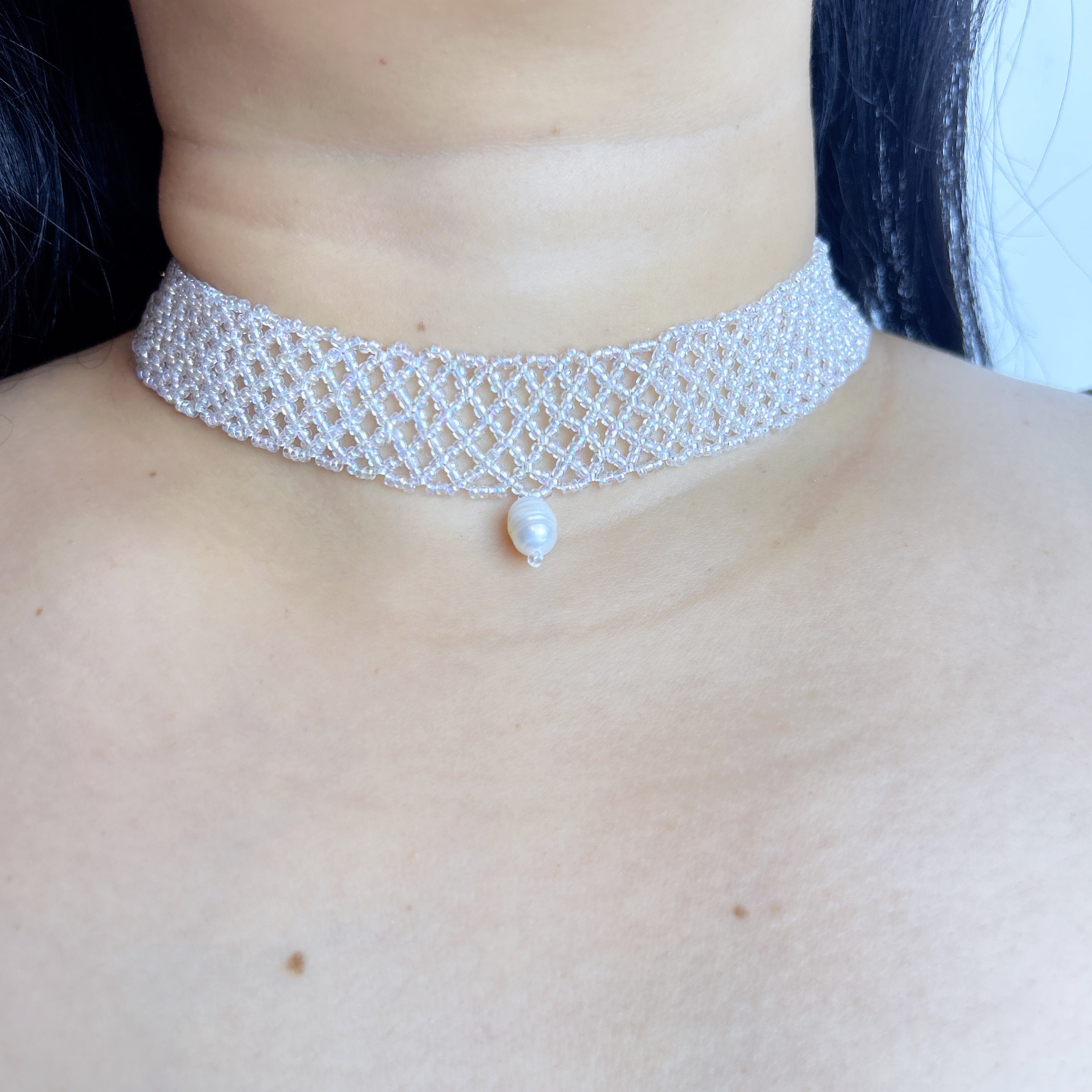 Handmade White Transparent Diamond Mesh Beaded Choker Necklace | Heart Pearl Drop Y2K Minimalist Collar