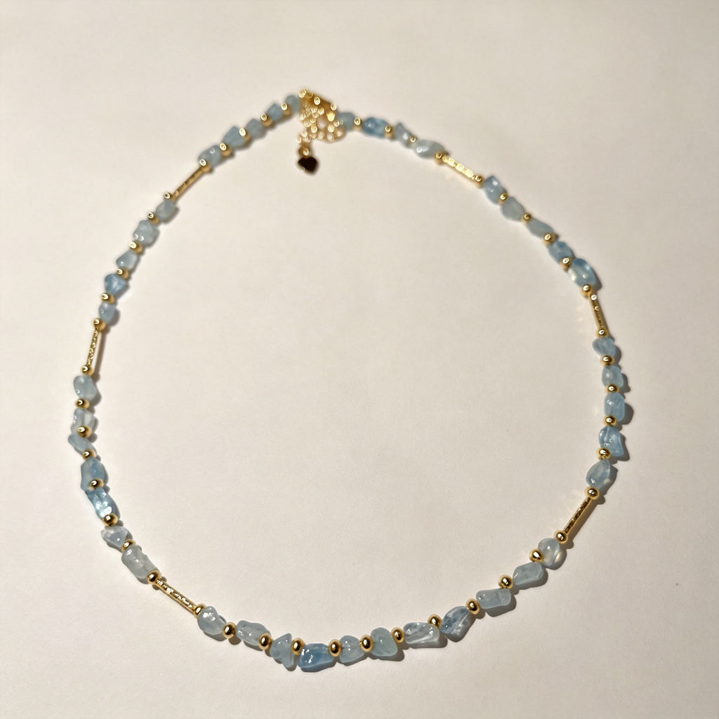 Handmade Aquamarine Chip Stone Choker Necklace | Gold Round & Tube Spacer Heart Charm Extender
