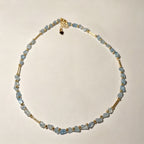 Handmade Aquamarine Chip Stone Choker Necklace | Gold Round & Tube Spacer Heart Charm Extender