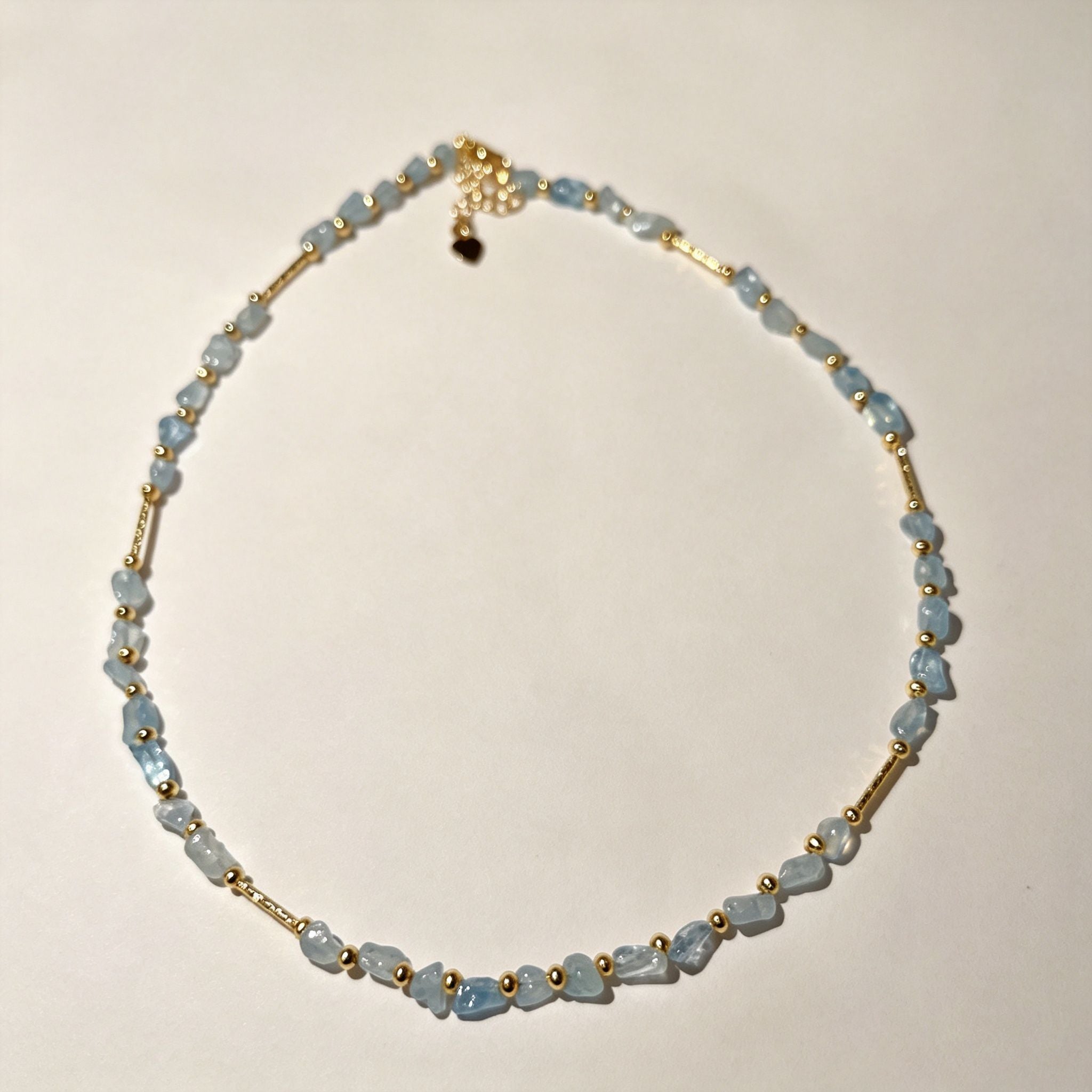 Handmade Aquamarine Chip Stone Choker Necklace | Gold Round & Tube Spacer Heart Charm Extender