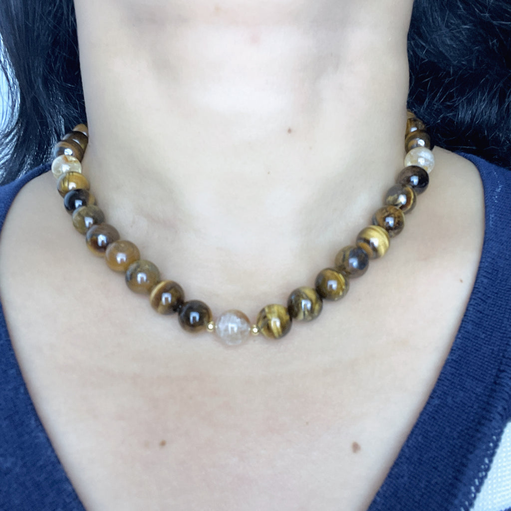 Handmade Tiger Eye Stone & Freshwater Pearl Beaded Necklace | Gold Brown Natural Stone Silver Spacer