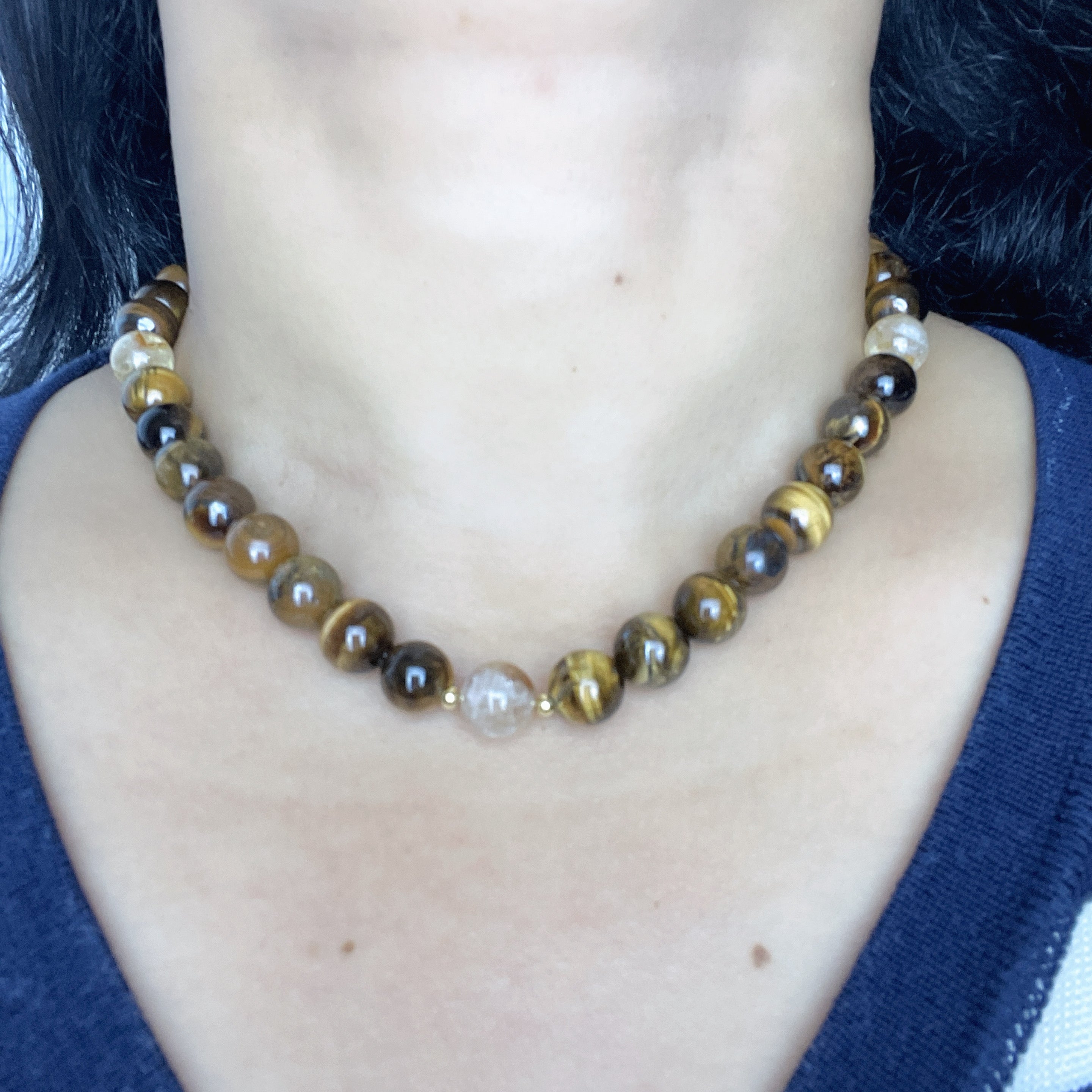 Handmade Tiger Eye Stone & Freshwater Pearl Beaded Necklace | Gold Brown Natural Stone Silver Spacer