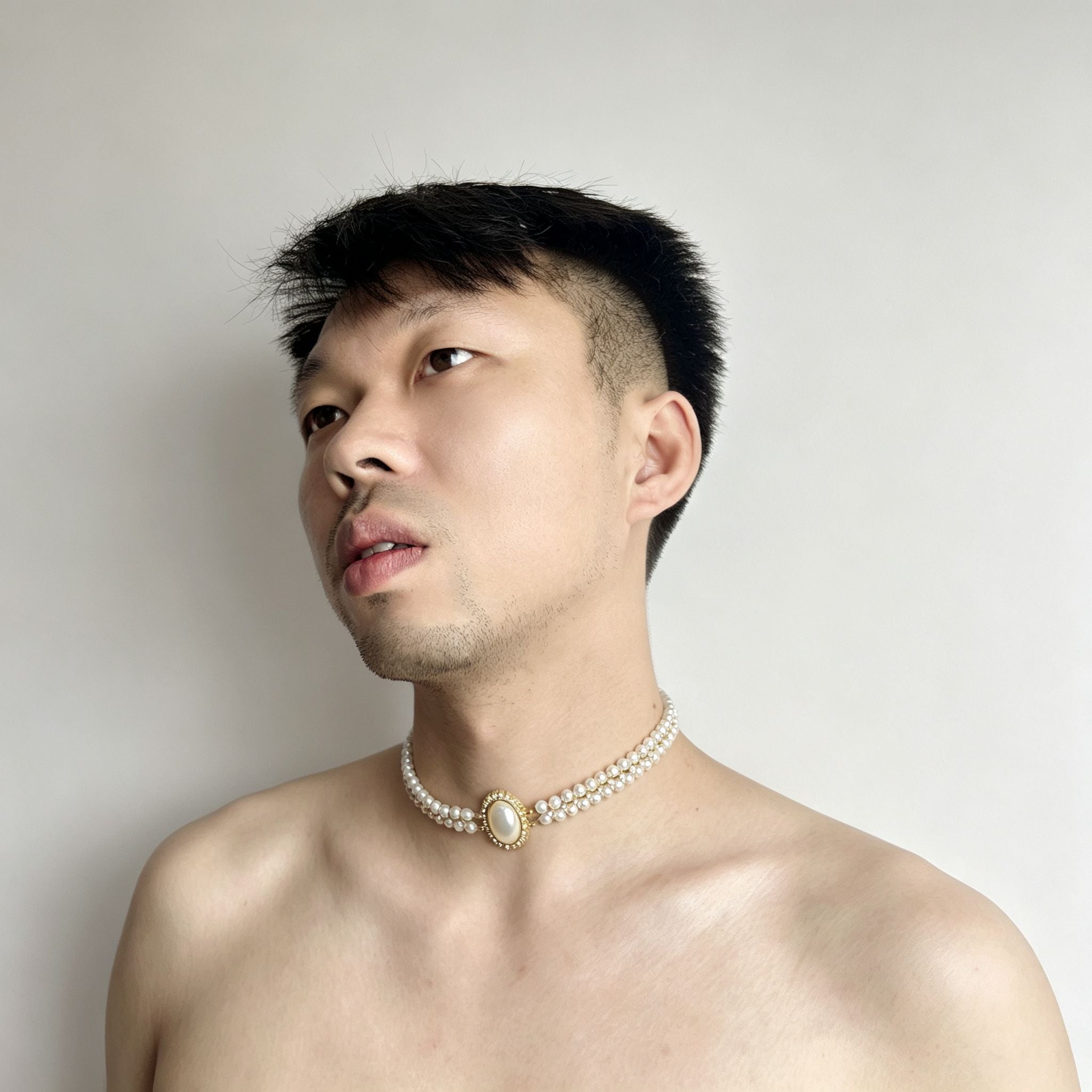 Handmade Double Layer Pearl Choker Necklace | Gold Oval Rhinestone Clasp