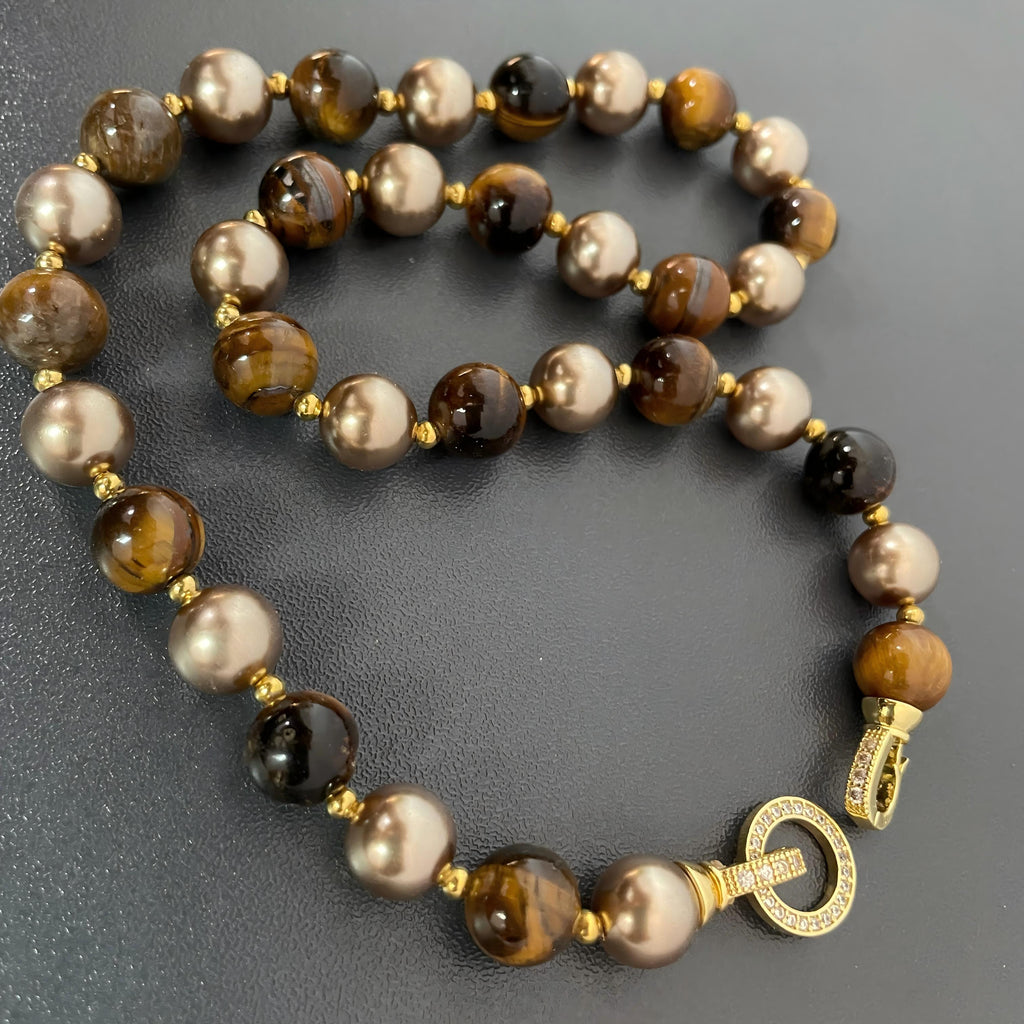 Handmade Tiger Eye Stone & Freshwater Pearl Choker Necklace | Gold Spacer Natural Gemstone Luxe Collar