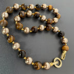 Handmade Tiger Eye Stone & Freshwater Pearl Choker Necklace | Gold Spacer Natural Gemstone Luxe Collar