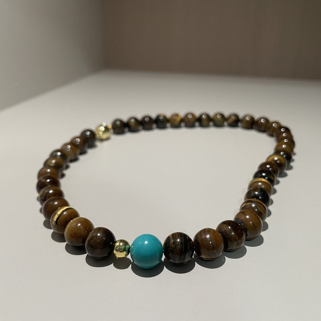 Handmade Tiger Eye & Turquoise Bead Choker Necklace | Natural Stone Gold Spacer Jewelry
