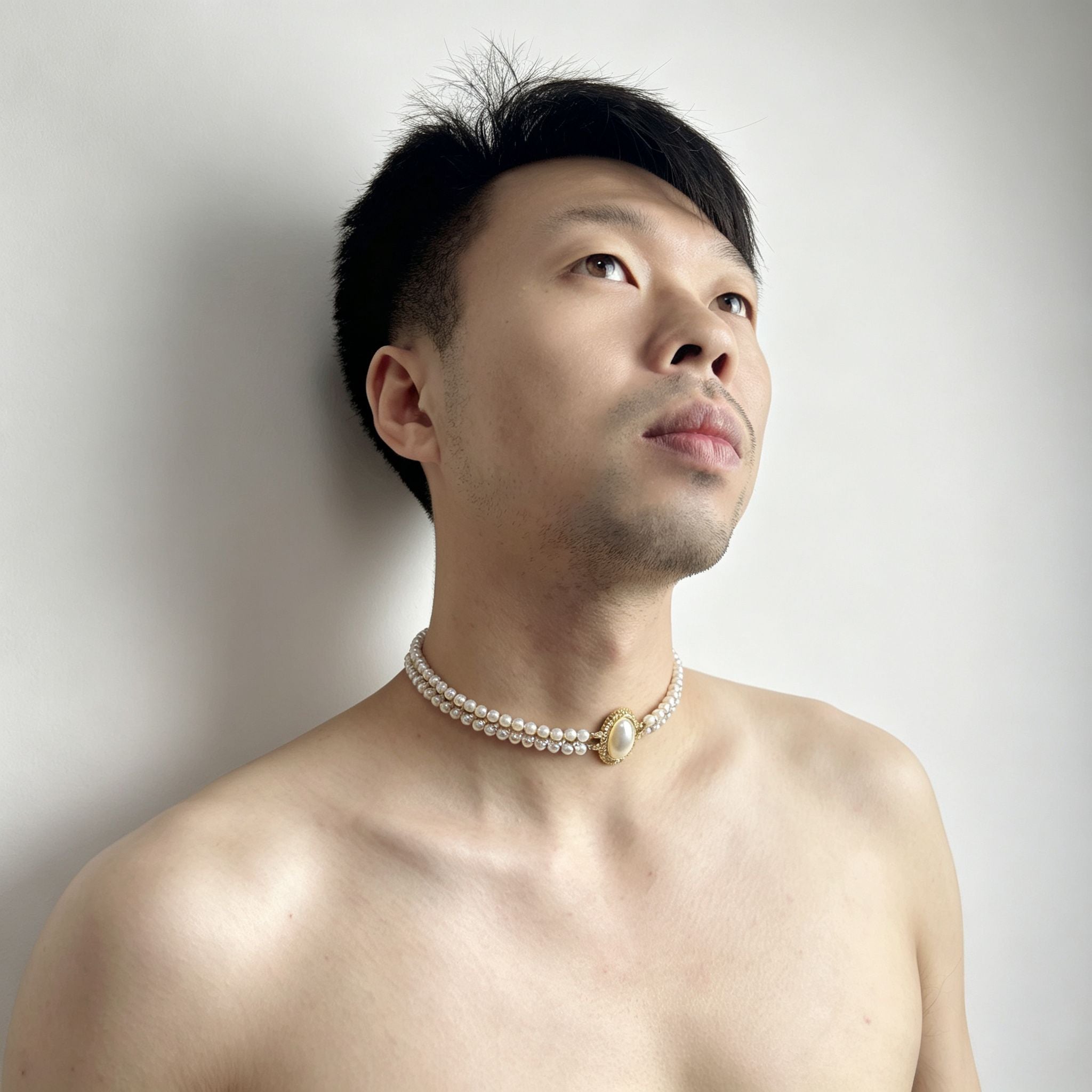 Handmade Double Layer Pearl Choker Necklace | Gold Oval Rhinestone Clasp