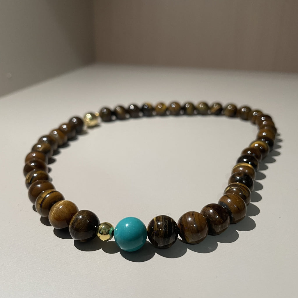 Handmade Tiger Eye & Turquoise Bead Choker Necklace | Natural Stone Gold Spacer Jewelry